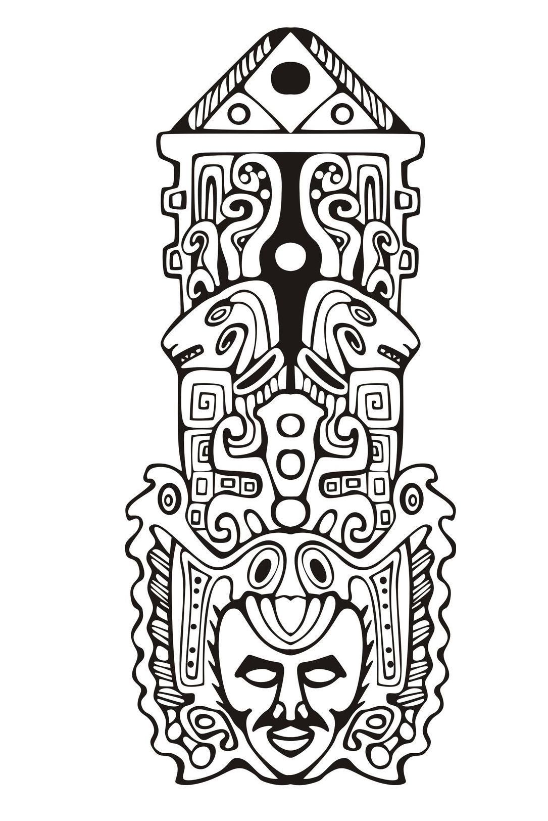 Coloriage de Mayas, Aztèques et Incas : Totem inspiration inca maya azteque - 7 Coloriage de Mayas, Aztèques et Incas à imprimer pour adultes : Totem inspiration inca maya azteque - 7