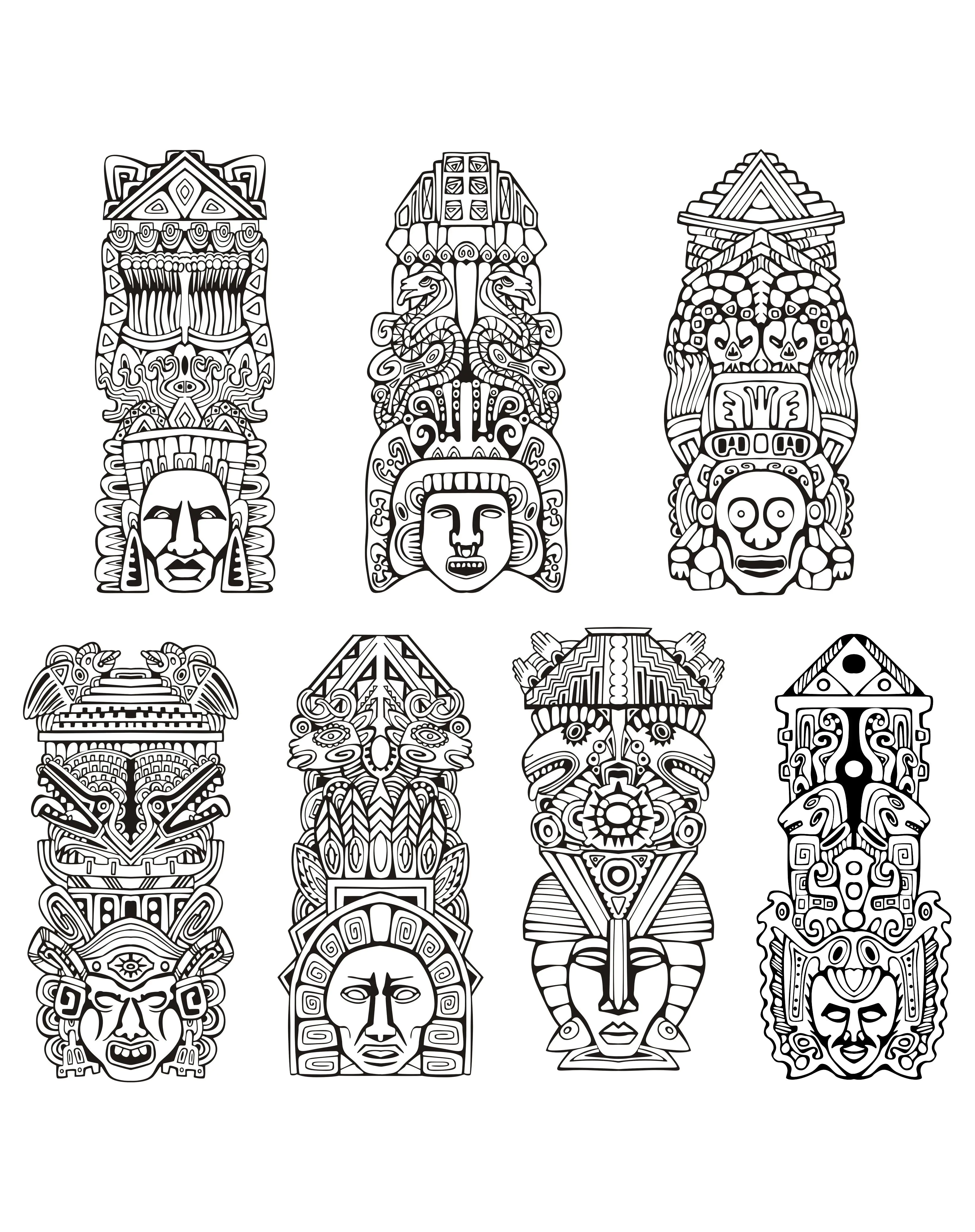 Totems inspiration inca maya azteque (Coloriage de Mayas, Aztèques et Incas à imprimer pour adultes)