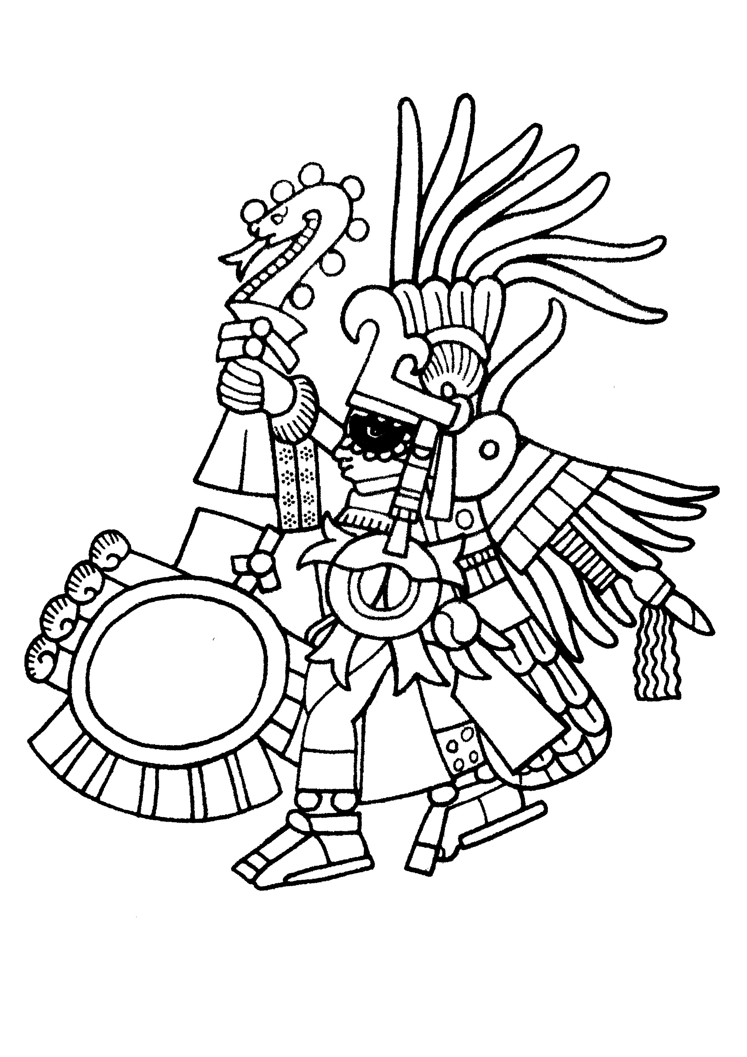 Huitzilopochtli, Dieu Aztèque de la Guerre, brandissant un bâton à l'effigie de Xiuhcoatl le 'serpent de feu'