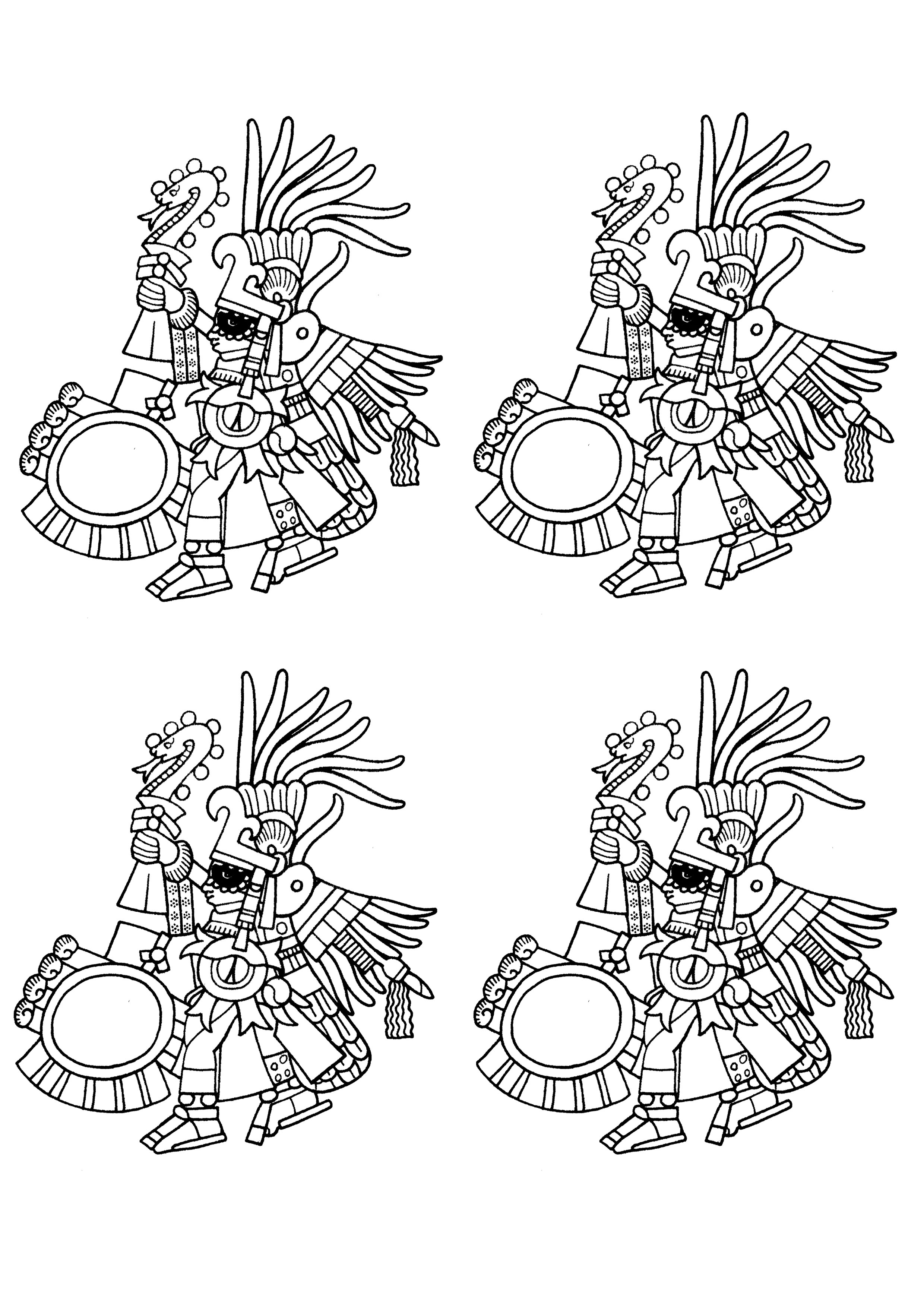 Huitzilopochtli, Dieu Aztèque de la Guerre, brandissant un bâton à l'effigie de Xiuhcoatl le 'serpent de feu'. Version avec quatre éléments.