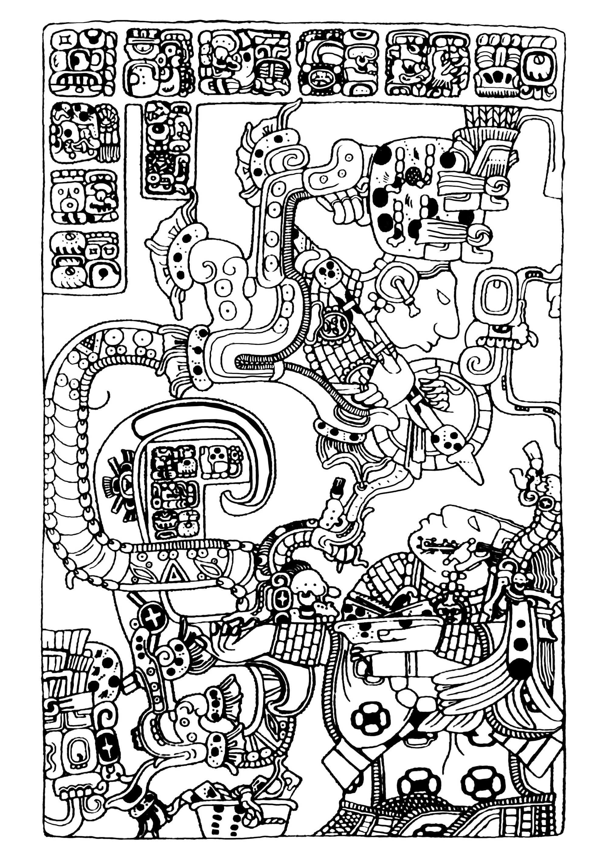 Coloriage complexe créé à partir d'un panneau sculpté Maya datant de la Seconde moitié du 8e siècle, visible au British Museum (Londres).