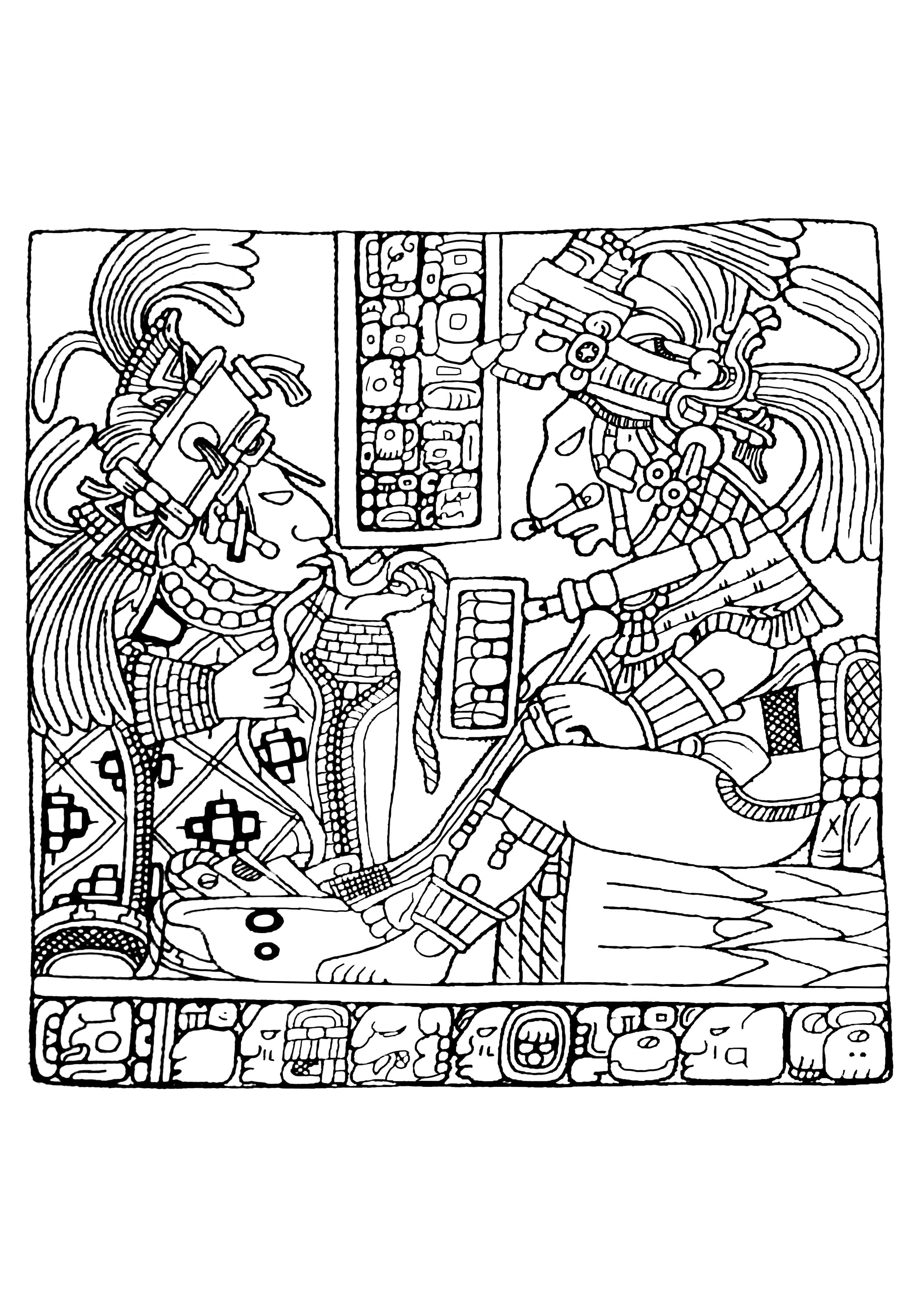 Coloriage complexe créé à partir d'un panneau sculpté Maya datant de la Seconde moitié du 8e siècle, visible au British Museum (Londres).