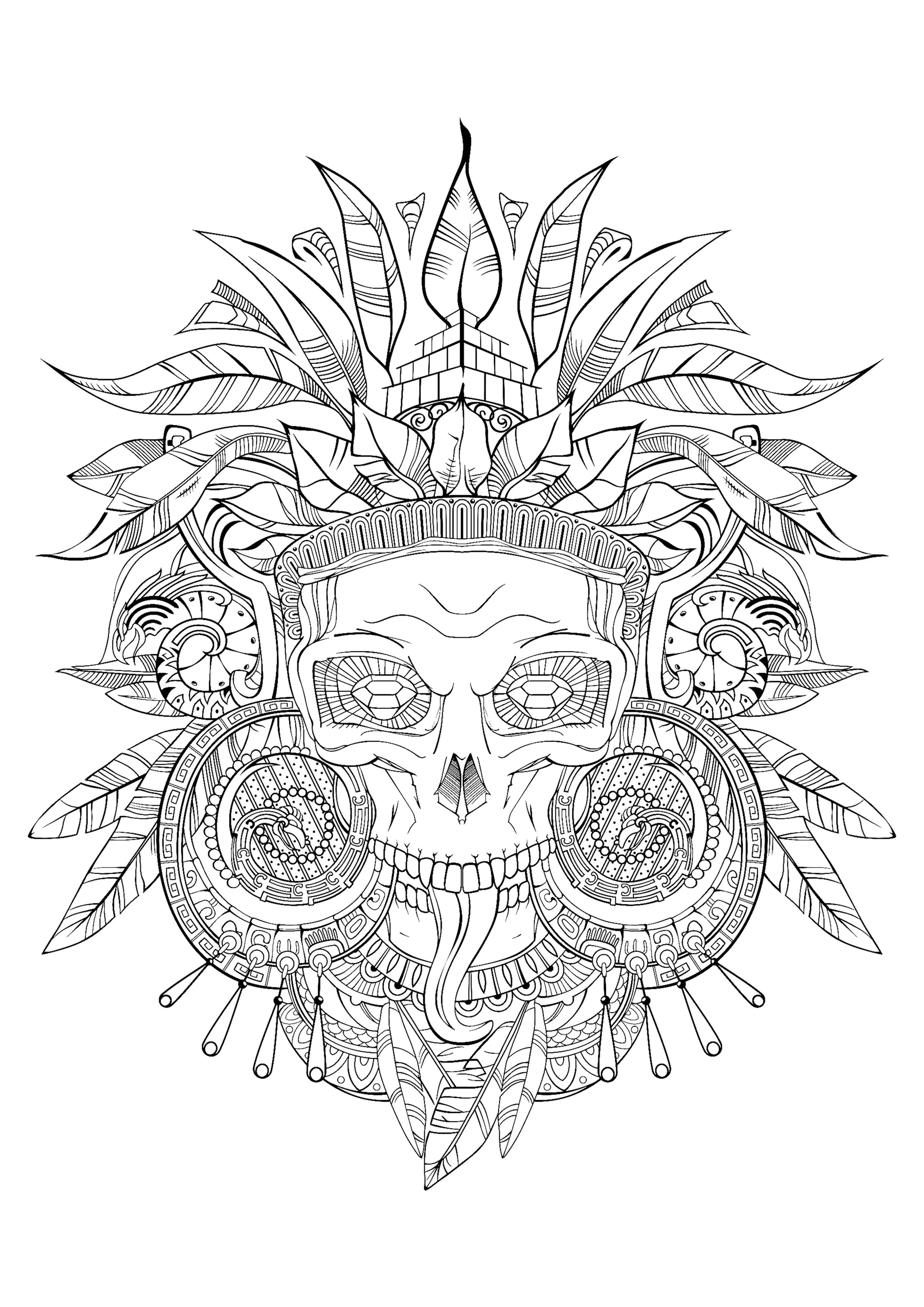 Crane azteque noir et blanc (Coloriage de Mayas, Aztèques et Incas à imprimer pour adultes)