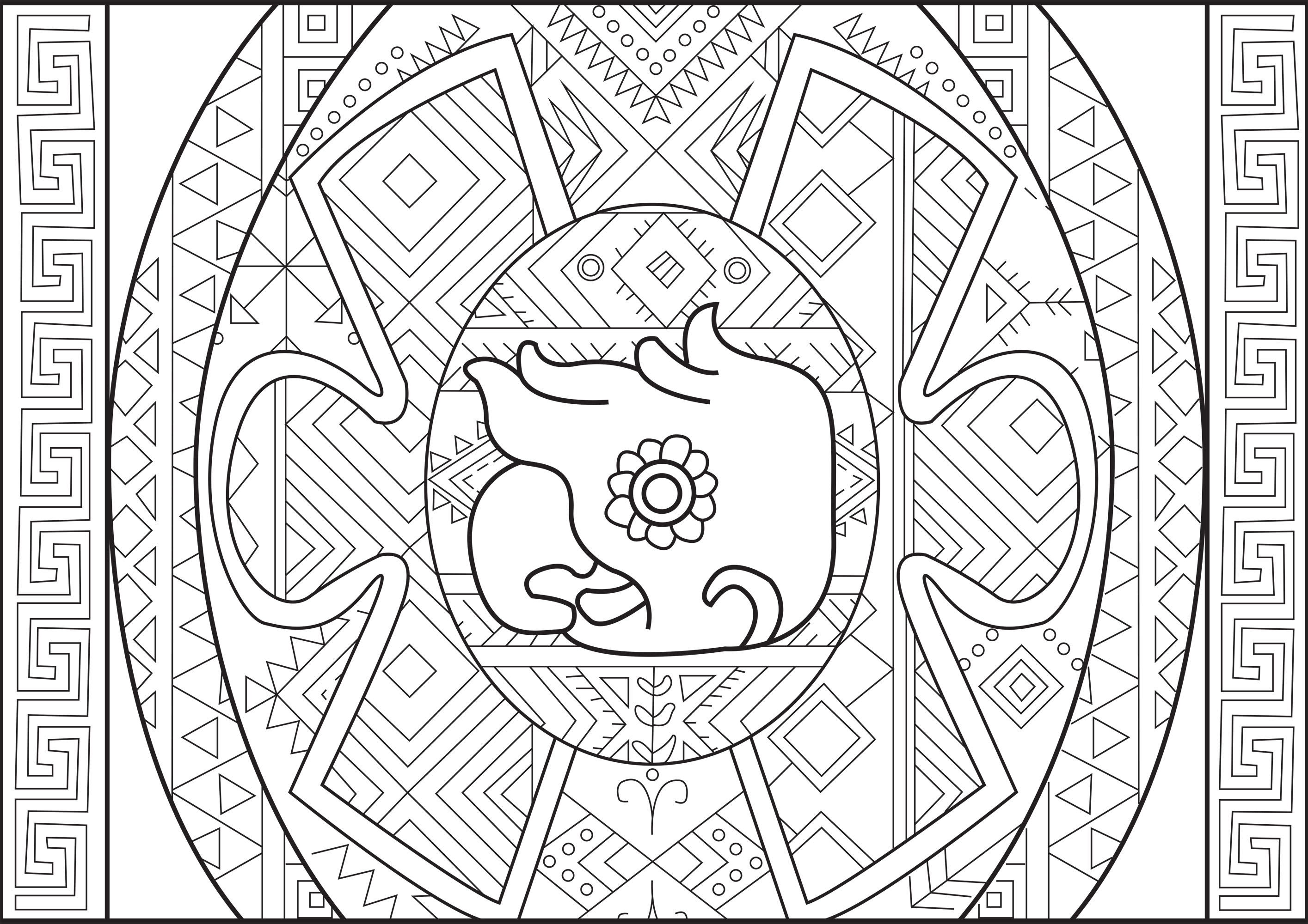 Coloriage représentant une tête de perroquet Maya avec des Motifs variés autour (style Aztèque / Maya), Artiste : Caillou