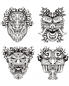 Coloriage adulte masques inspiration inca maya azteque