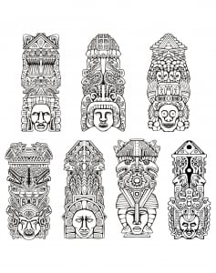 Coloriage adulte totems inspiration inca maya azteque