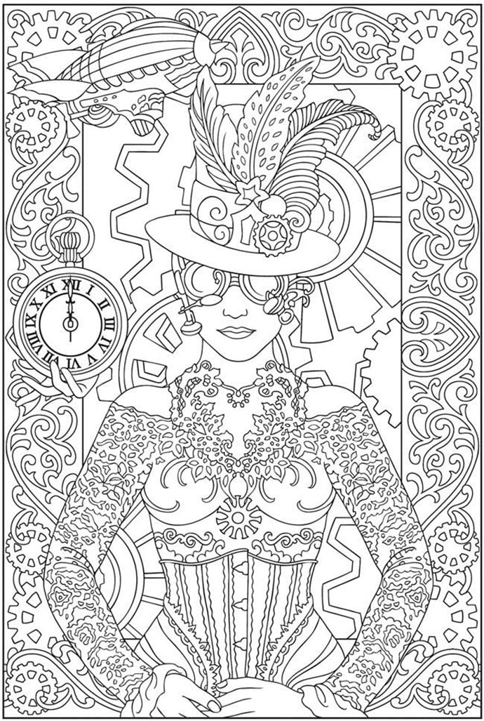 Coloriage d’une femme au style vestimentaire inspiré par le monde des horloges et autres montres