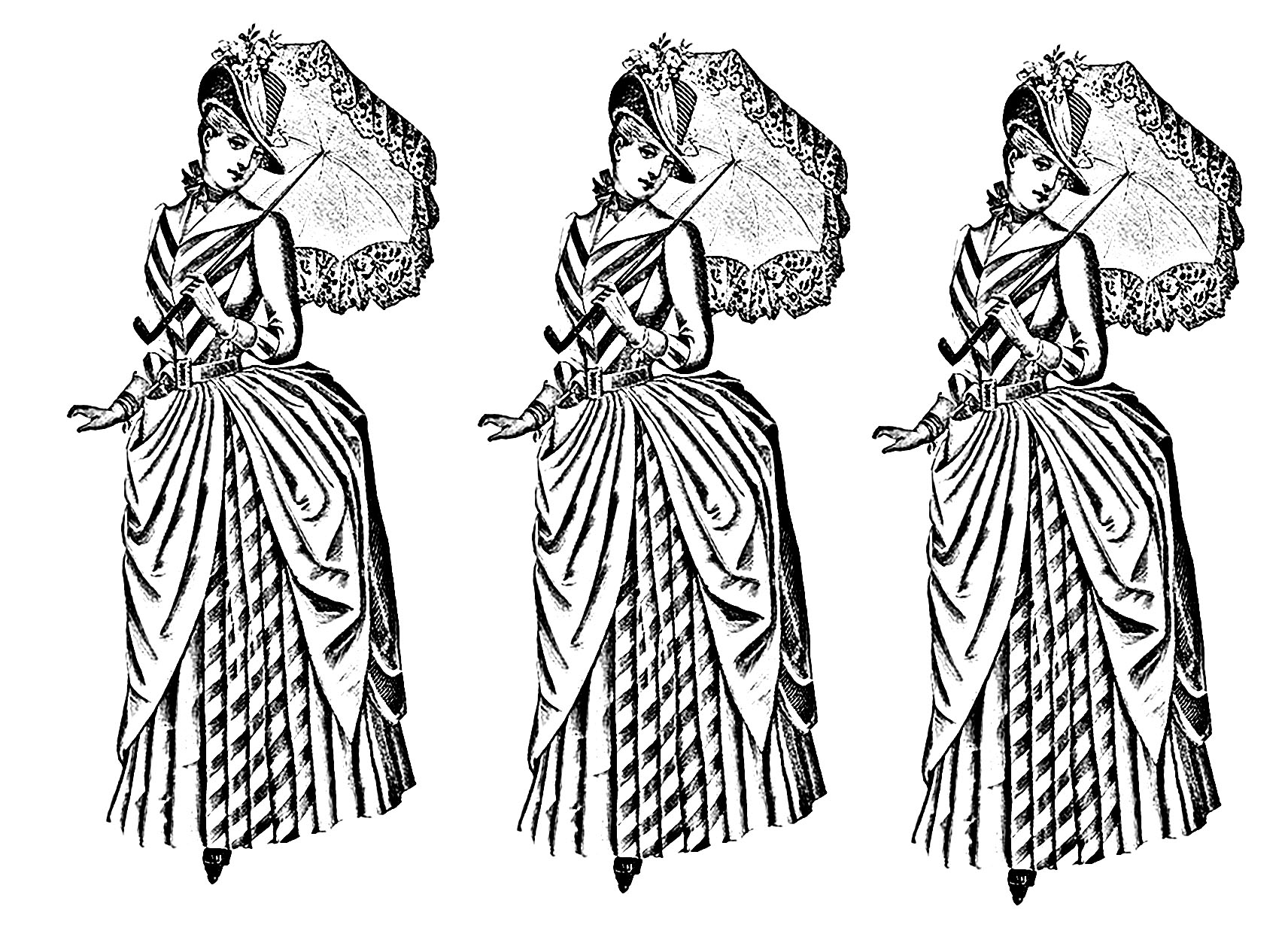 3 dessins identiques à colorier représentatifs de la mode du début du XXe siècle