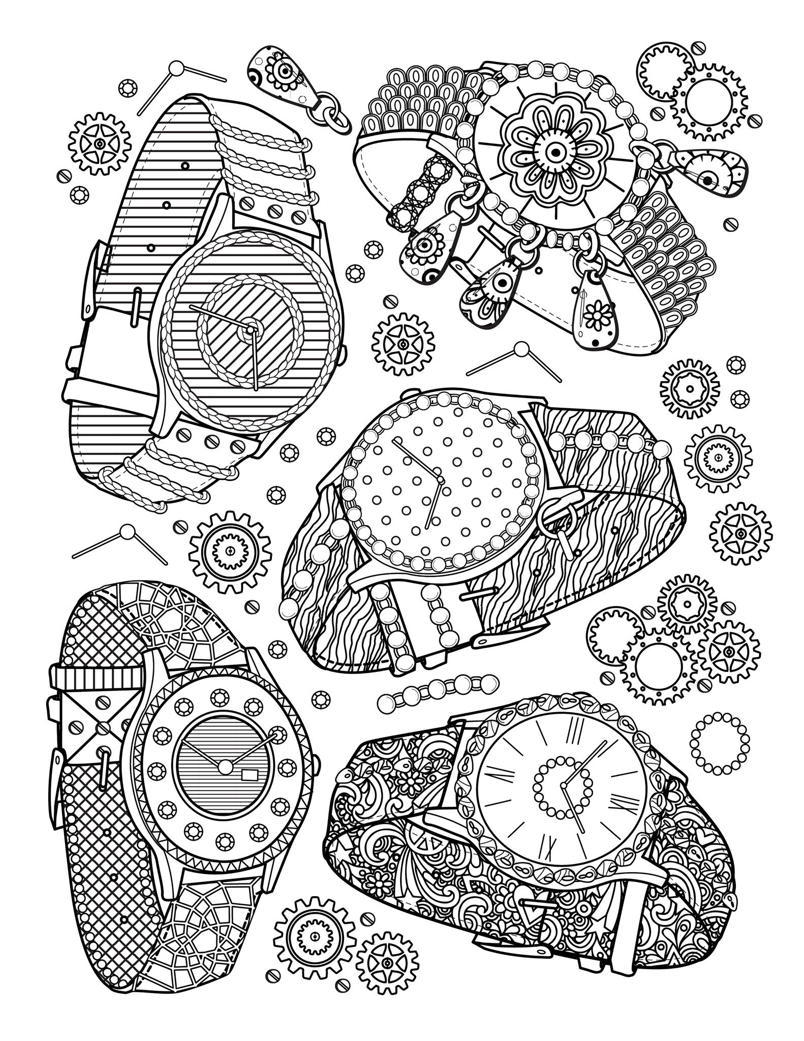 'Montres' : Une des pages du livre 'The Best Jewelry Adult coloring book', disponible ici