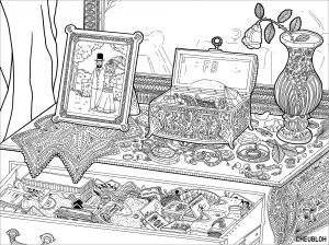 Coloriage de Mode, vêtements et bijoux à imprimer pour adultes : Coffre-a-bijoux