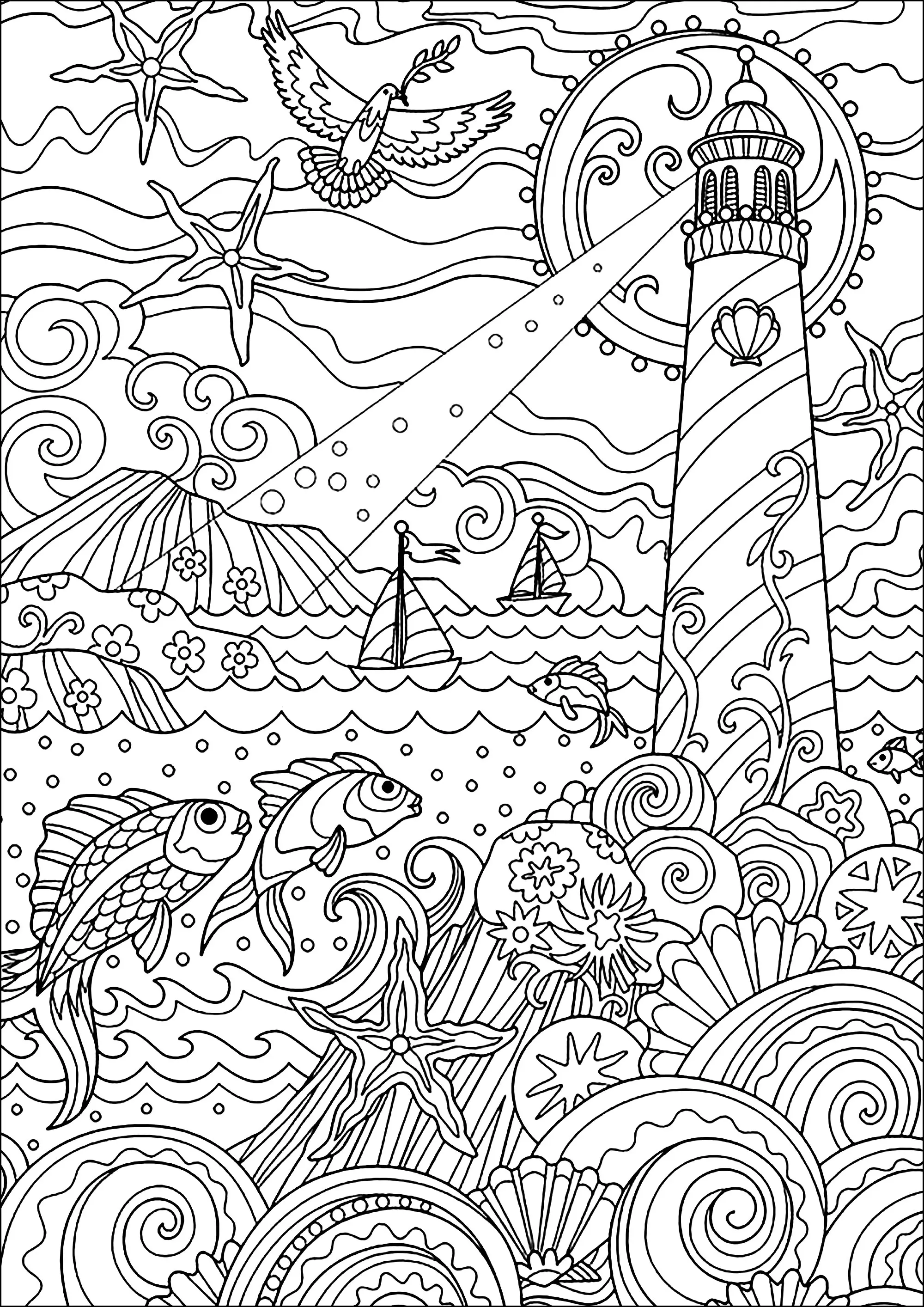 Phare éclairant la mer, avec de beaux poissons et coraux (Coloriage de Mondes aquatiques à imprimer pour adultes)
