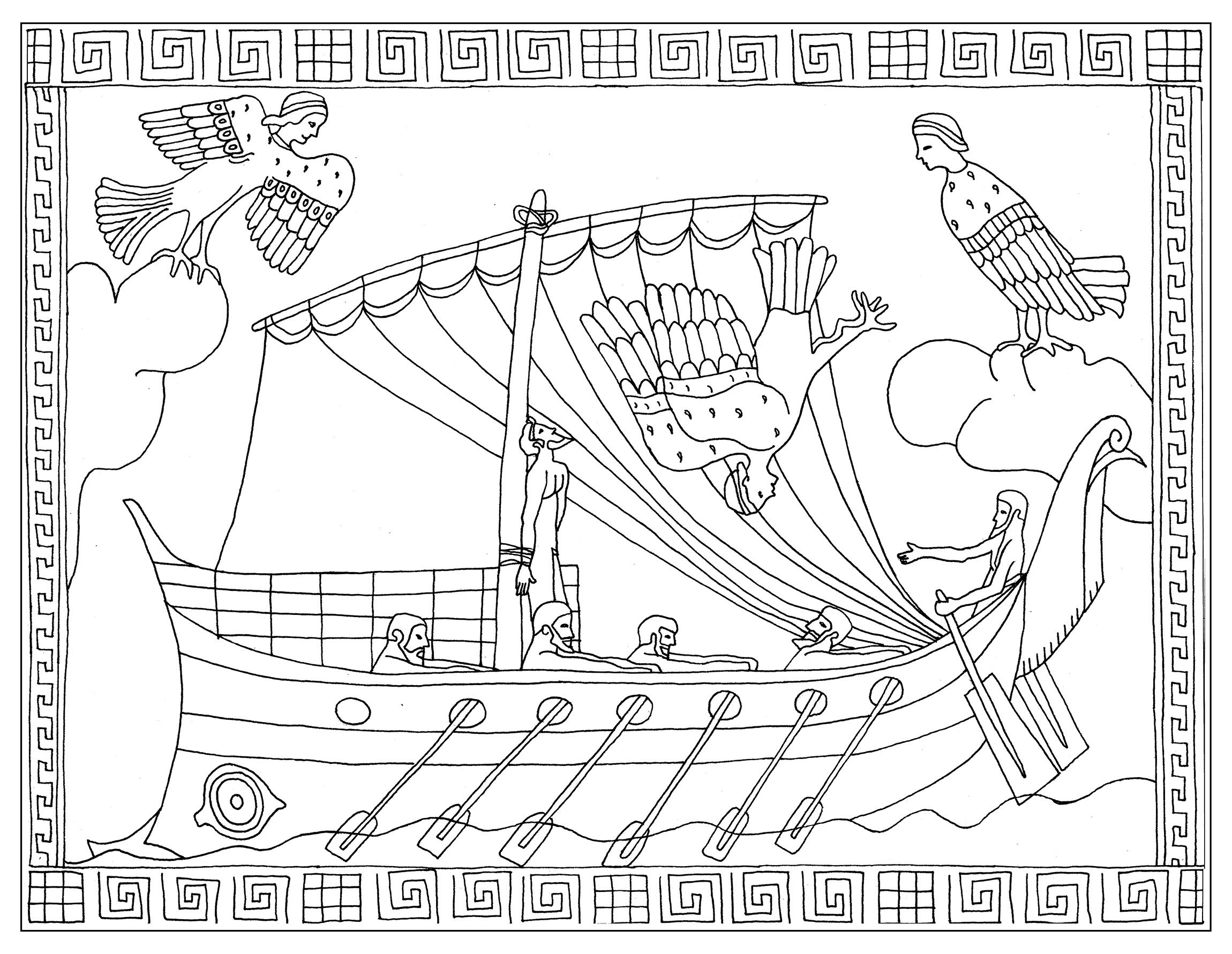 Coloriage inspiré d'un vase représentant l'épisode d'Ulysse et les sirènes Stamnos (L'Odyssée de Homère). Un stamnos est un vase antique qui servait principalement à mélanger et conserver le vin. Marion s'est inspiré d'un de ces vases pour créer cette oeuvre unique, Artiste : Marion C