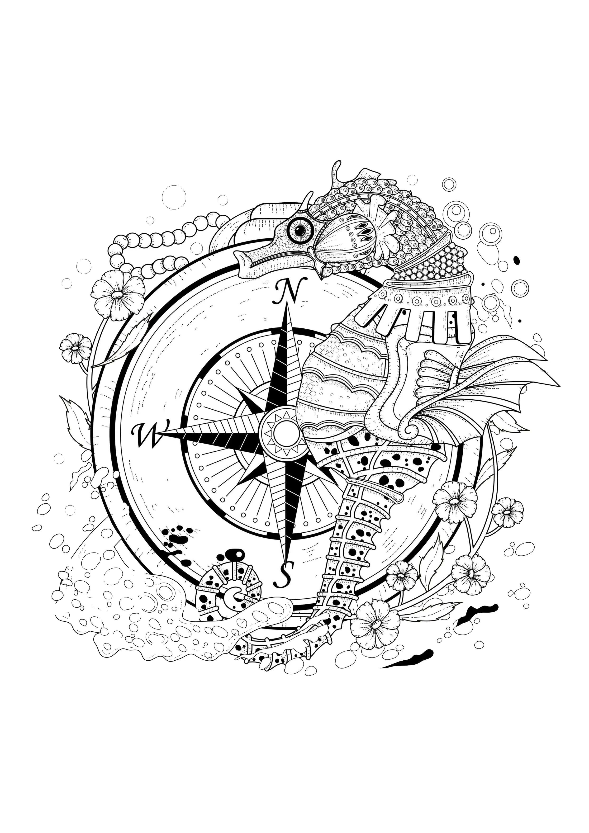 Mer hippocampe (Coloriage de Mondes aquatiques à imprimer pour adultes)