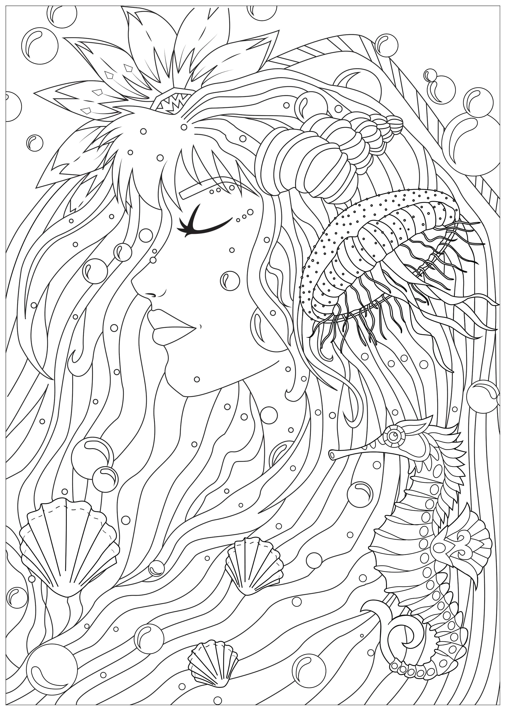 Femme des mers (Coloriage de Mondes aquatiques à imprimer pour adultes)