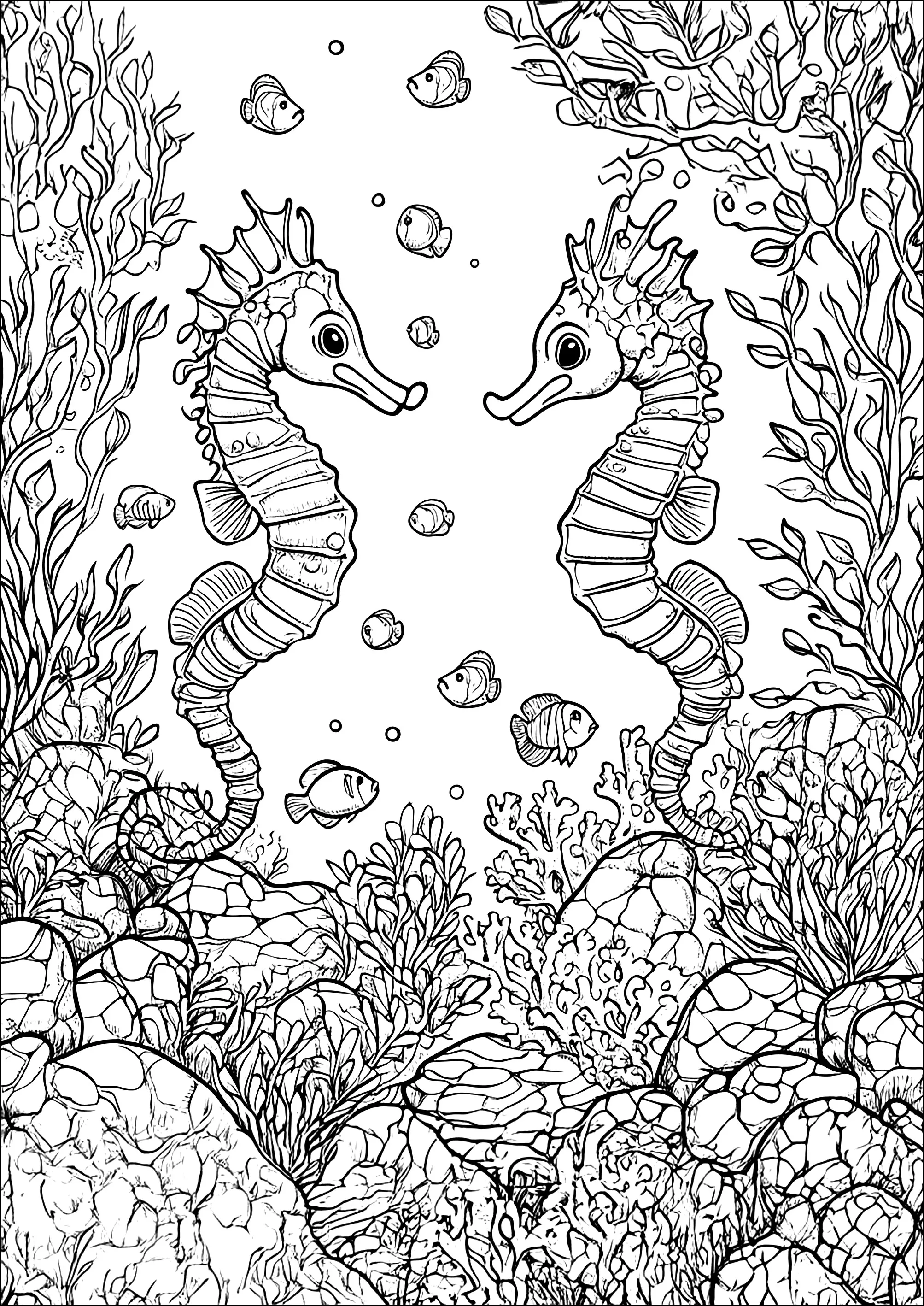 Rencontre des hippocampes dans l'eau (Coloriage de Mondes aquatiques à imprimer pour adultes)