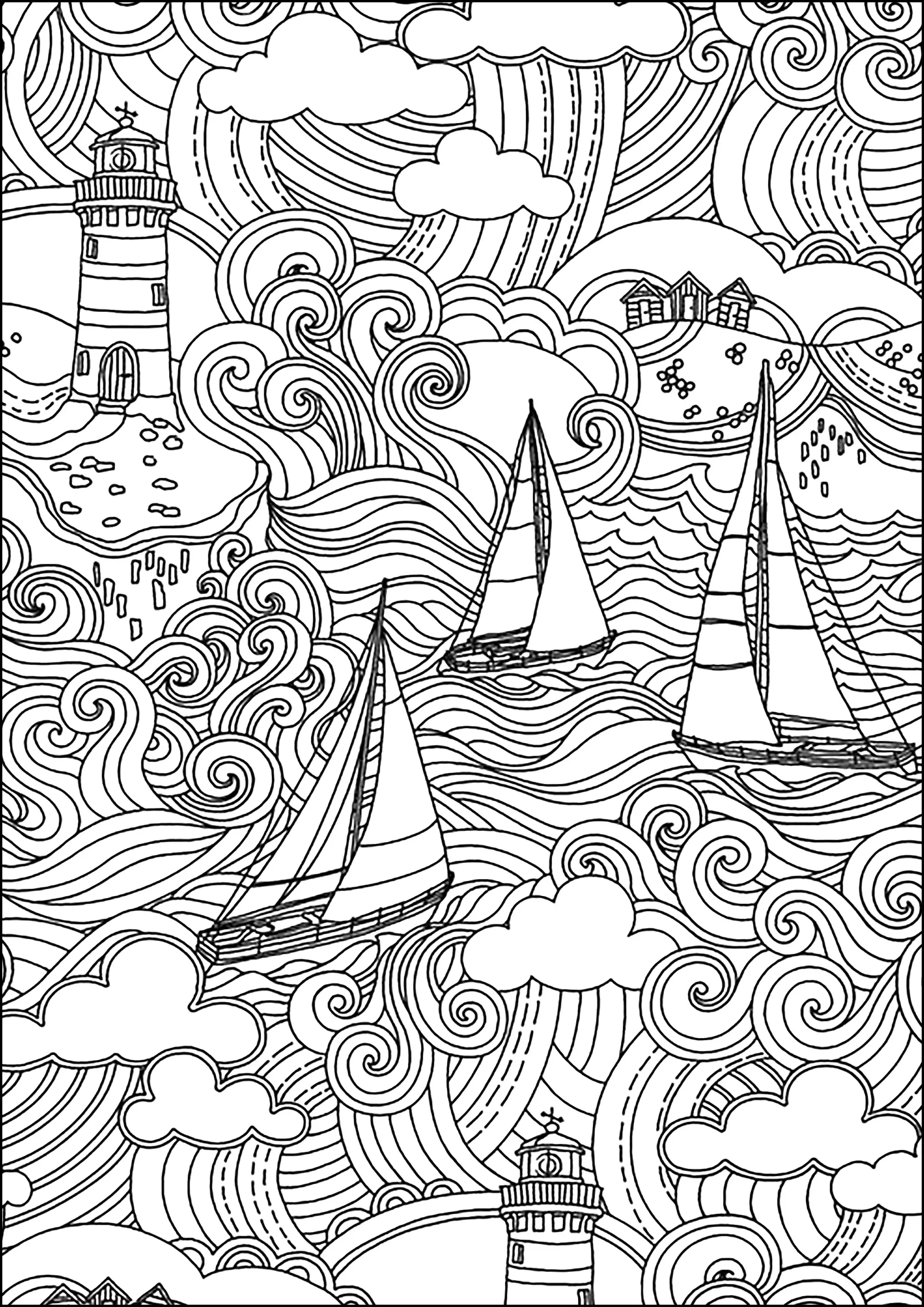 Magnifique scène marine avec phare, bateaux, vagues et ciel nuageux (Coloriage de Mondes aquatiques à imprimer pour adultes)