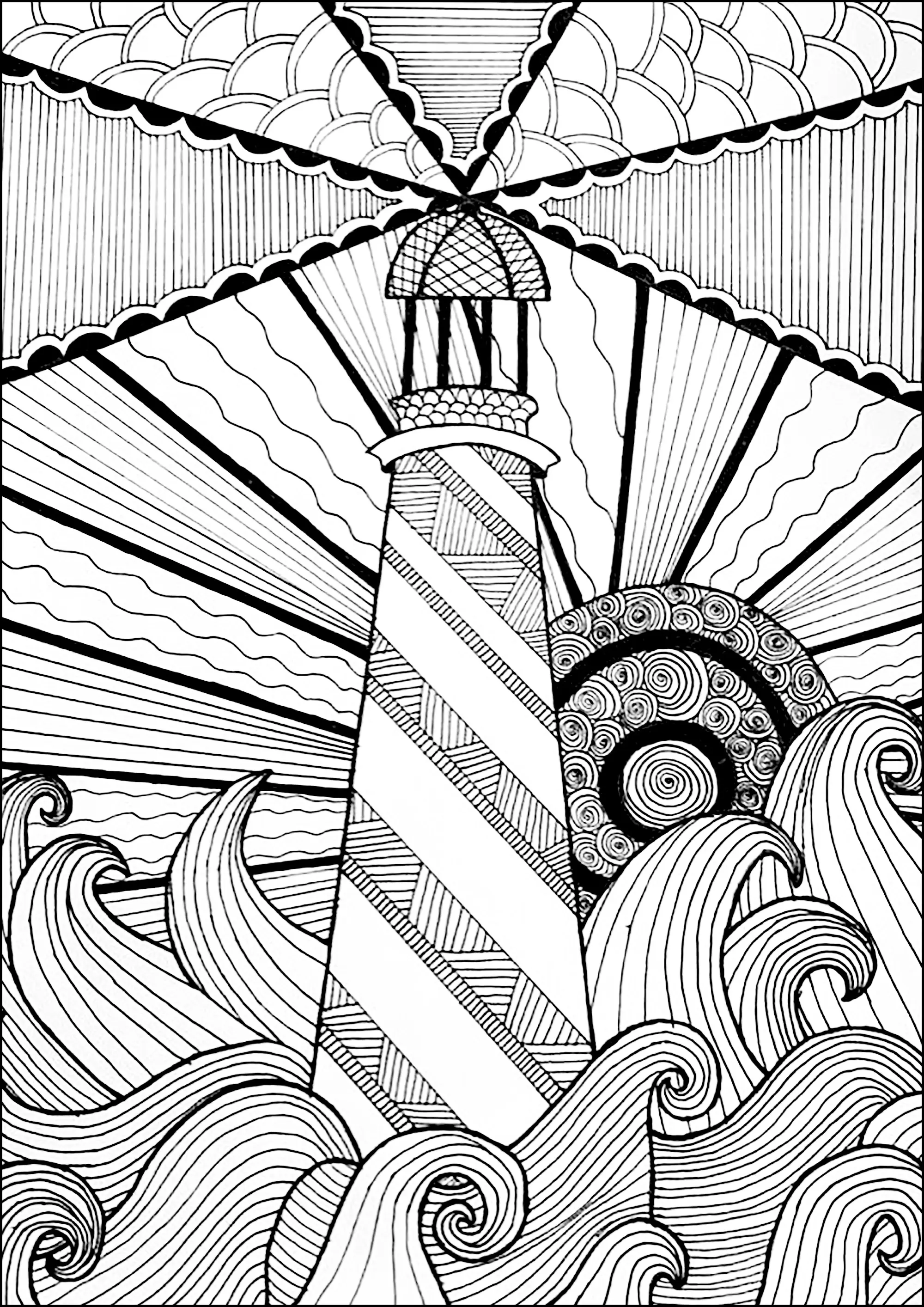 Magnifique phare au milieu de vague déchaînées (Coloriage de Mondes aquatiques à imprimer pour adultes)