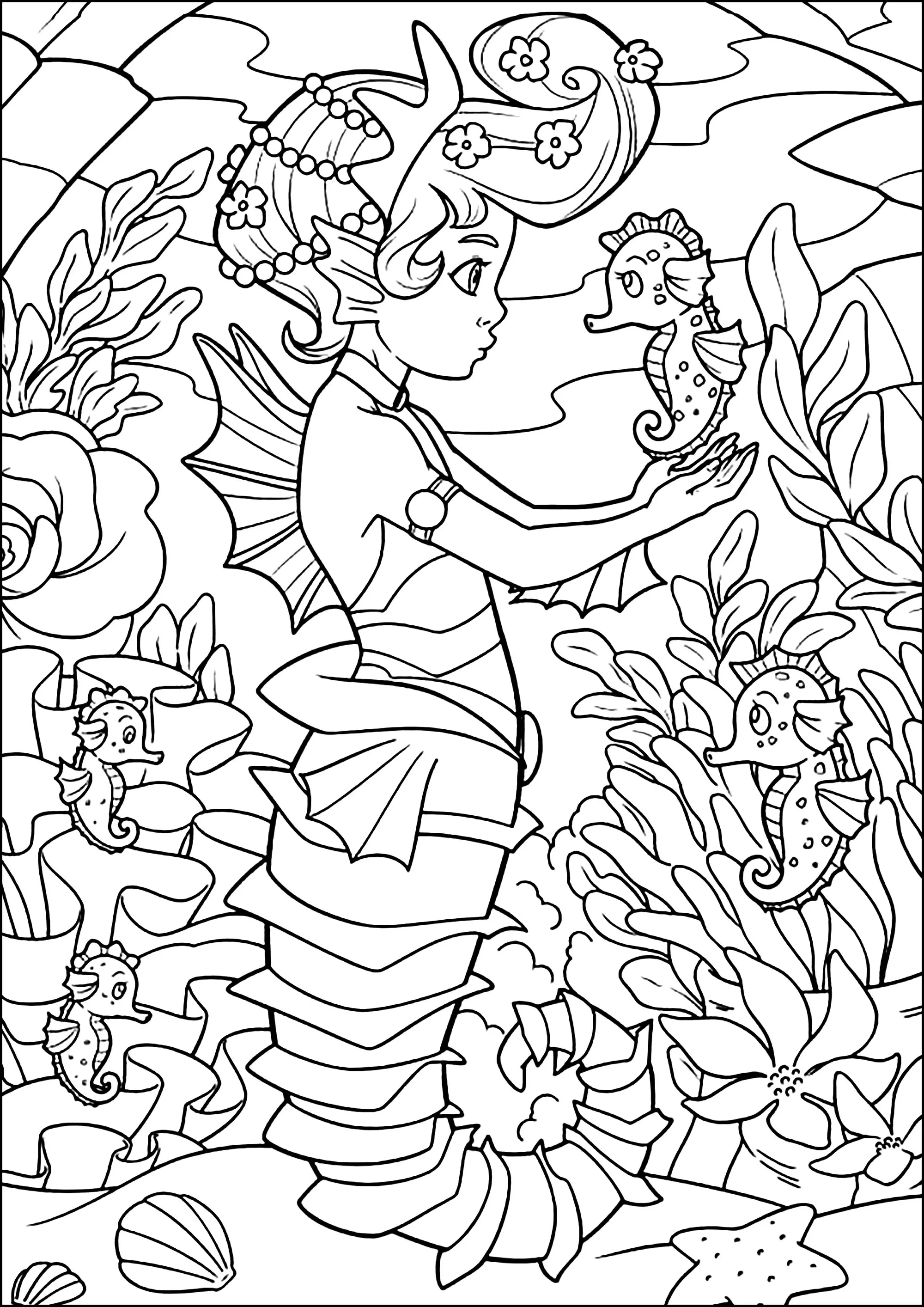 Rencontre de deux hippocampes (Coloriage de Mondes aquatiques à imprimer pour adultes)