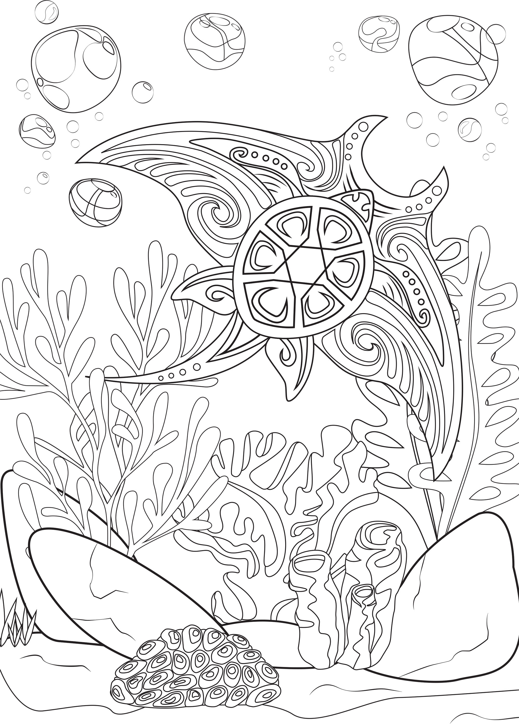 L'univers de la raie Manta. Cette jolie raie Manta maori flottant autour d'algues vous offre un moment de coloriage apaisant, Artiste : Lea