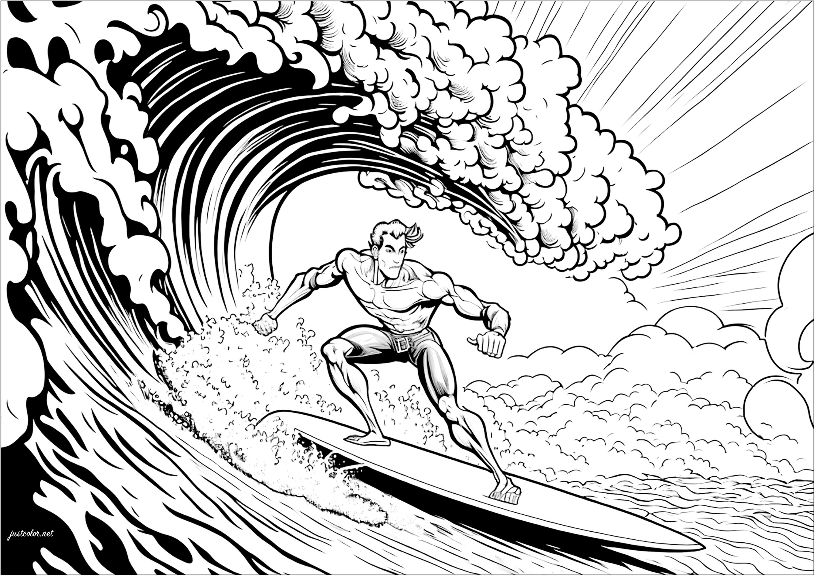 Ride the waves with this fun surfer coloring page !.  Featuring an adrenaline junkie catching a gnarly wave, this illustration is perfect for everyone who loves the ocean. With the sun shining and seagulls flying overhead, use your imagination to bring this scene to life with bright colors.