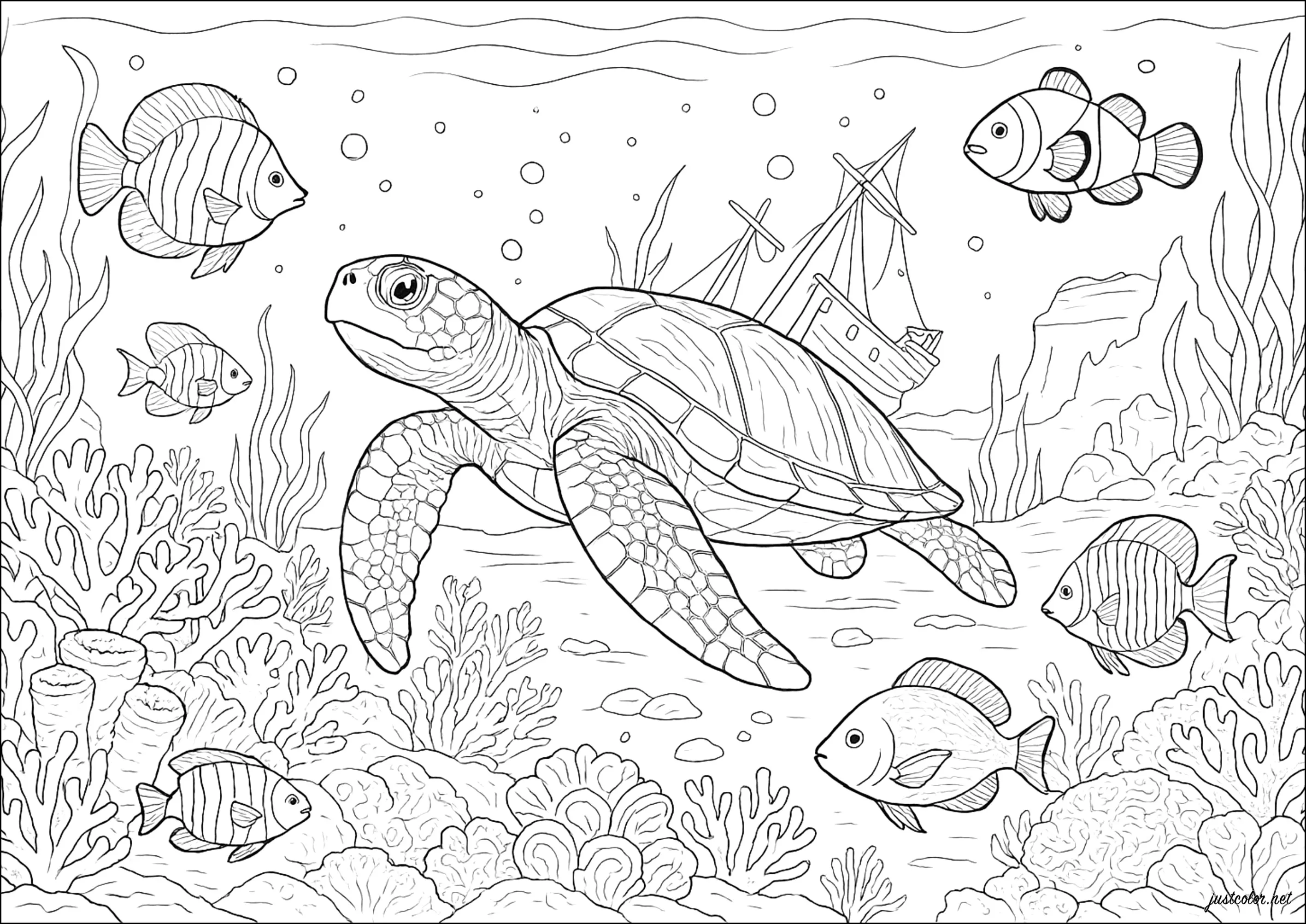Exploration sous-marine mystérieuse (Coloriage de Mondes aquatiques à imprimer pour adultes)