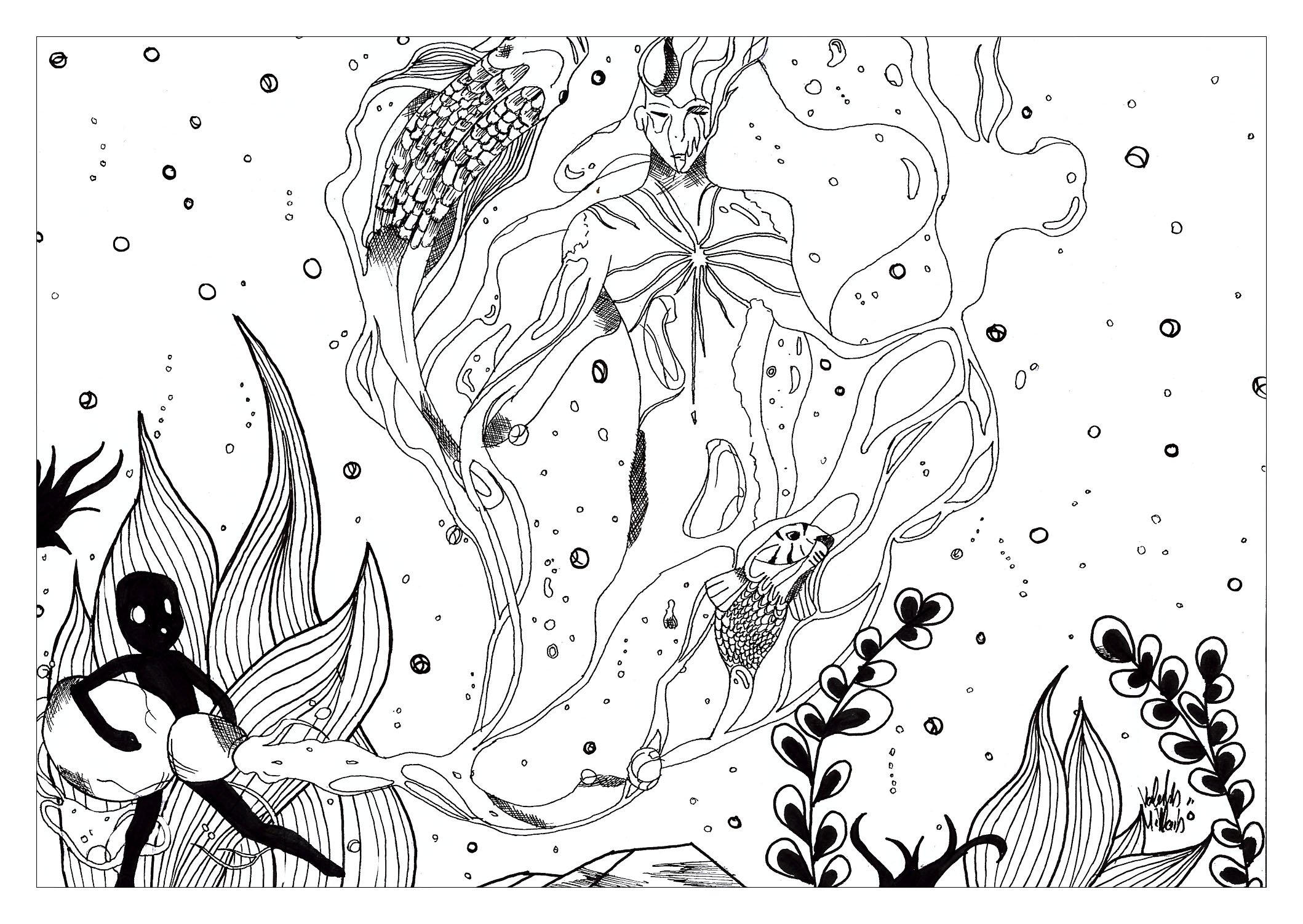 Personnage inspiré par le signe astrologique du Verseau. Un dessin original, comportant de nombreux détails Personnage inspiré par le signe astrologique du Verseau. Un dessin original, comportant de nombreux détails