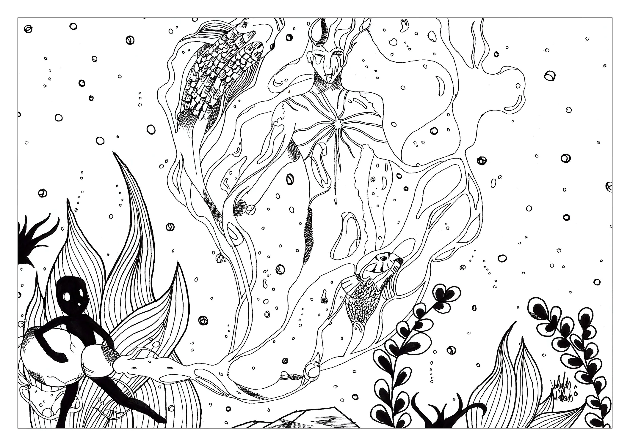 Personnage inspiré par le signe astrologique du Verseau (Coloriage de Mondes aquatiques à imprimer pour adultes)