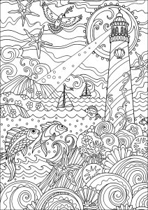 Phare éclairant la mer, avec de beaux poissons et coraux (Coloriage de Mondes aquatiques)