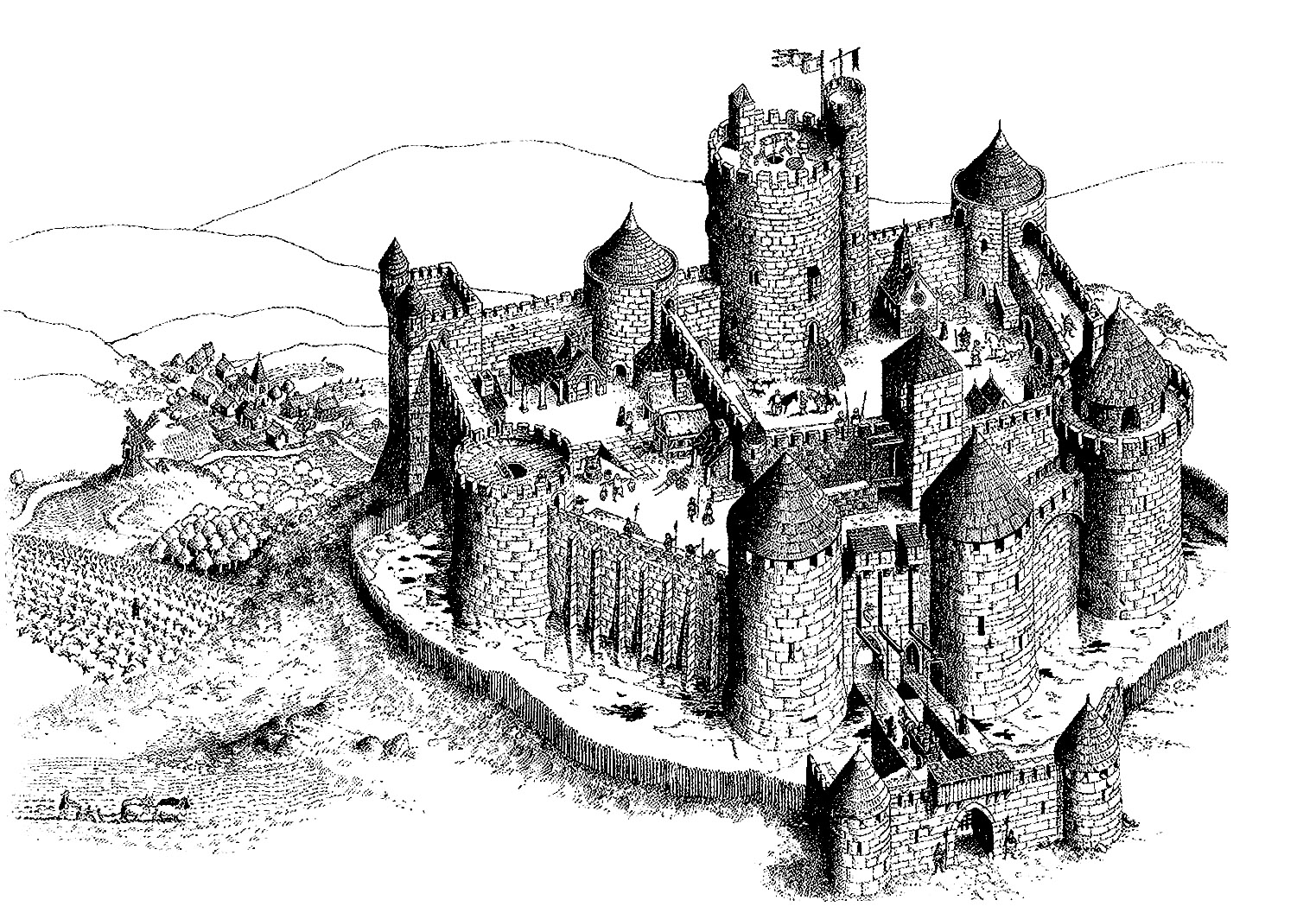 Gravure / Plan très détaillé, brique par brique, d'un château fort français de l'époque des seigneurs