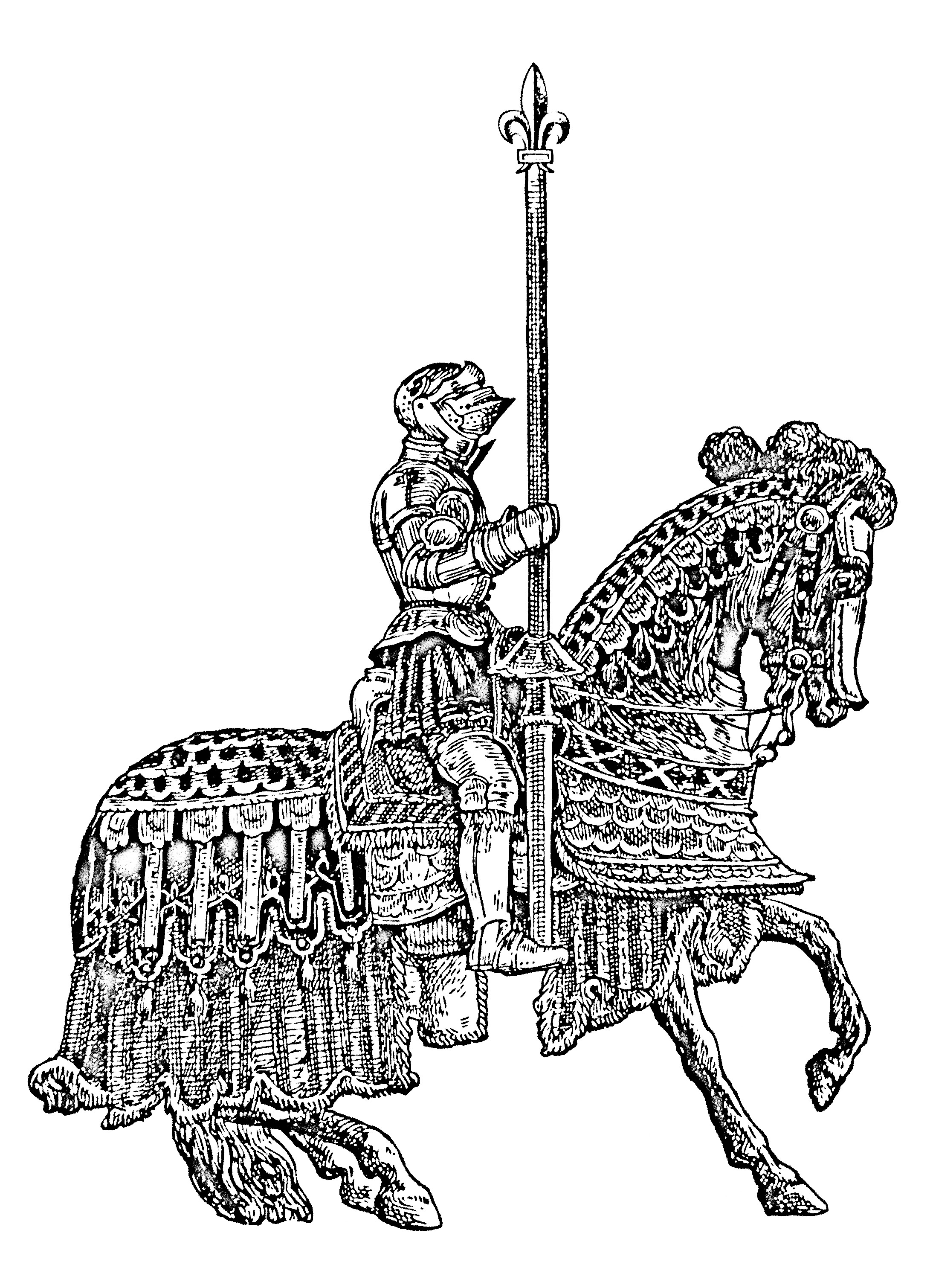 Coloriage plein de détails d’un chevalier du moyen âge, en armure et sur son cheval