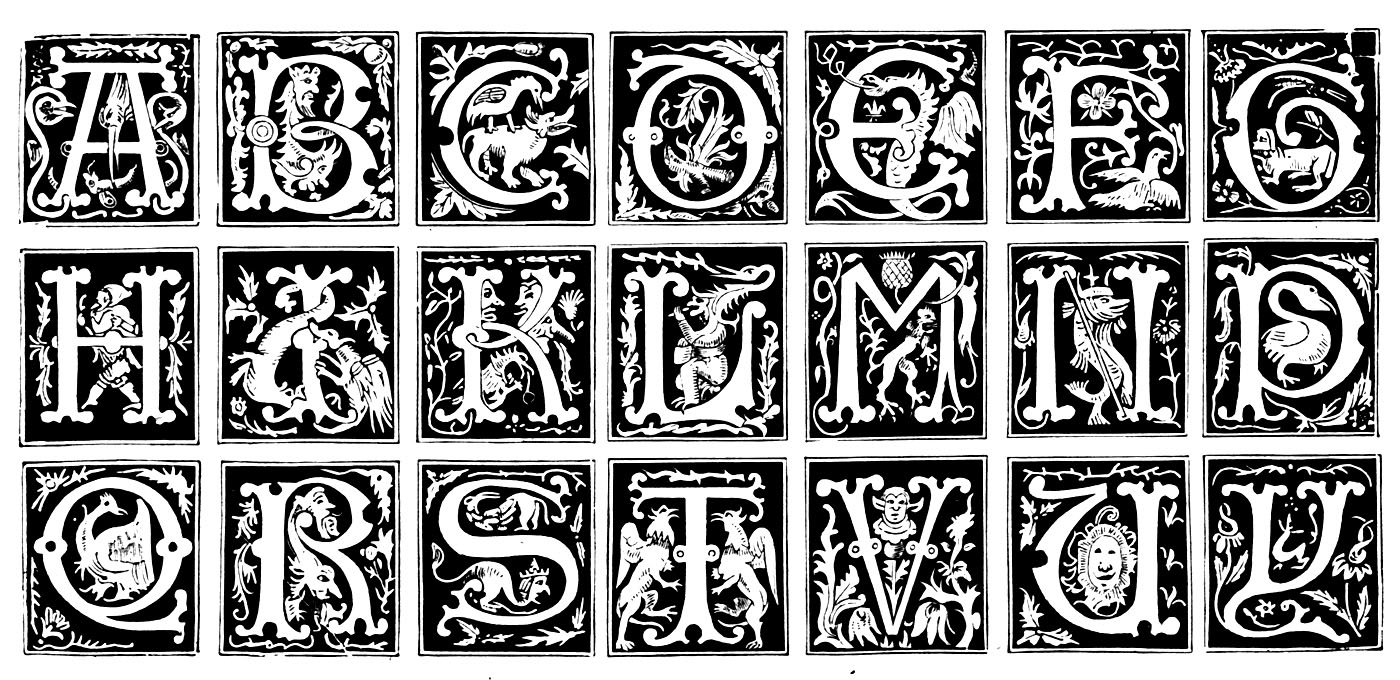 Des lettres d'alphabet représentées au Moyen âge, avec motifs variés : végétaux, personnages (théâtre), animaux, etc ...