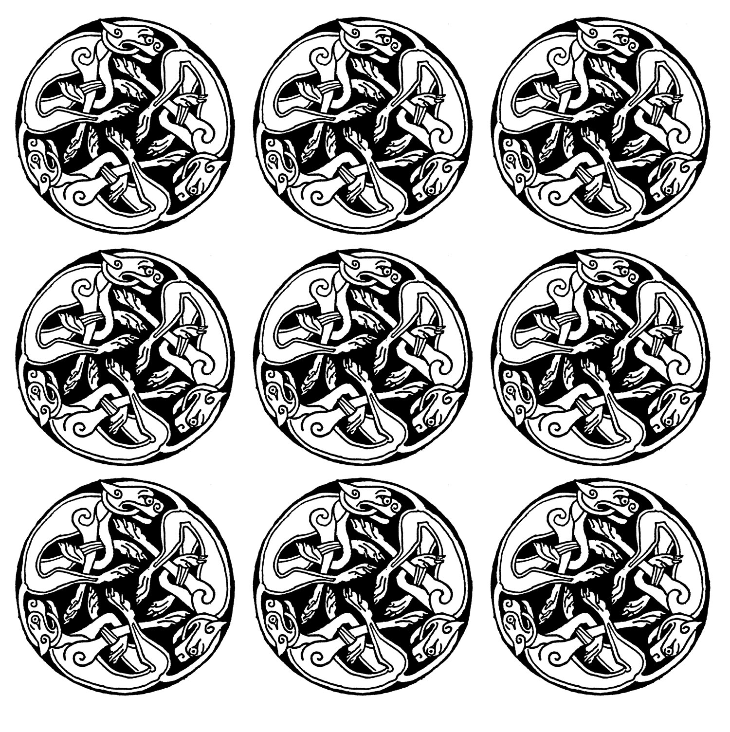 9 motifs répétés représentant des gargouilles... Une sorte de Mandala du Moyen âge assez intriguant