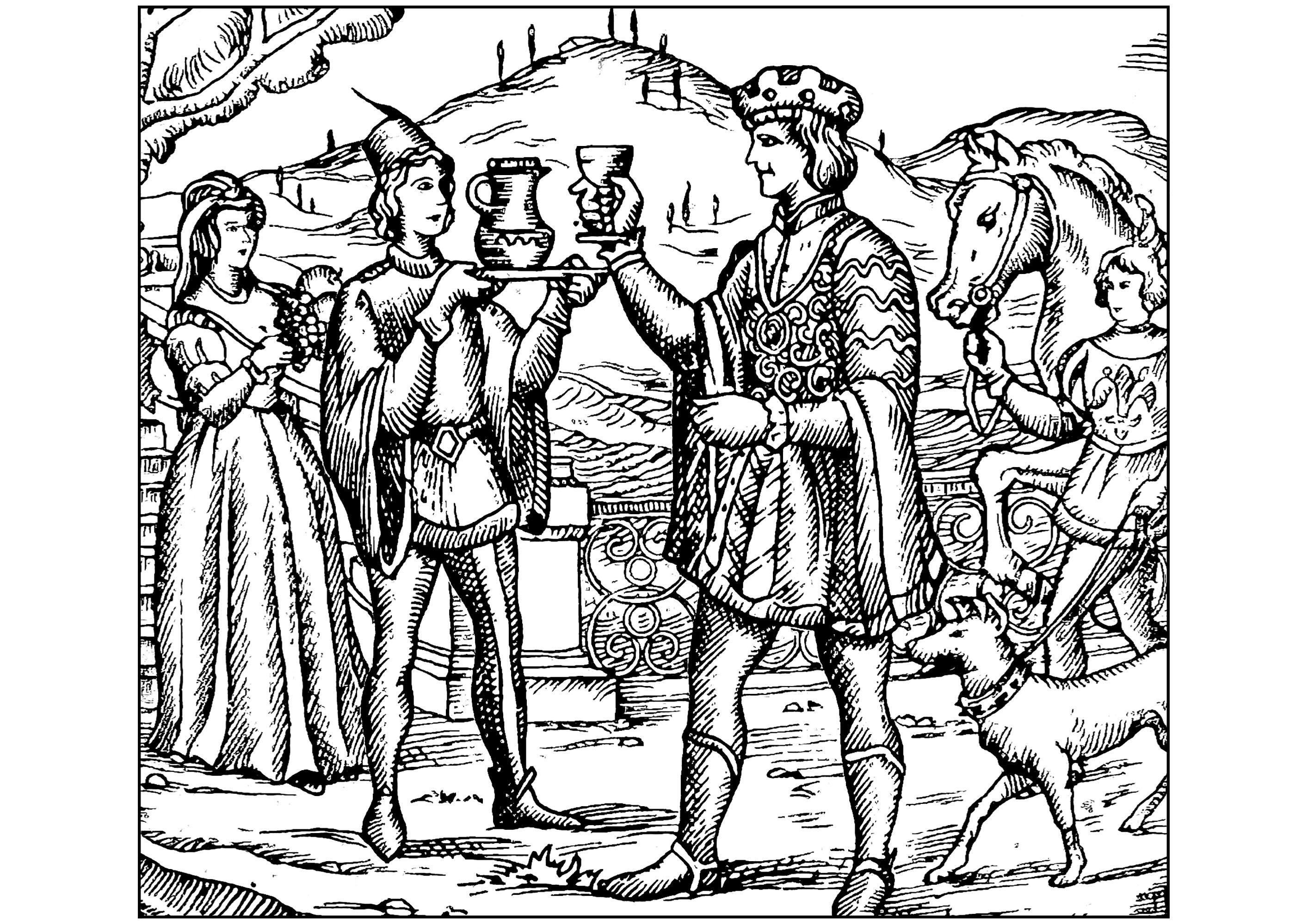 Seigneur buvant du vin au Moyen-Âge - Coloriages Moyen Âge difficiles