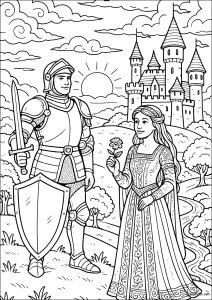 Chevalier et Dame au Crépuscule (Coloriage de Moyen Âge)