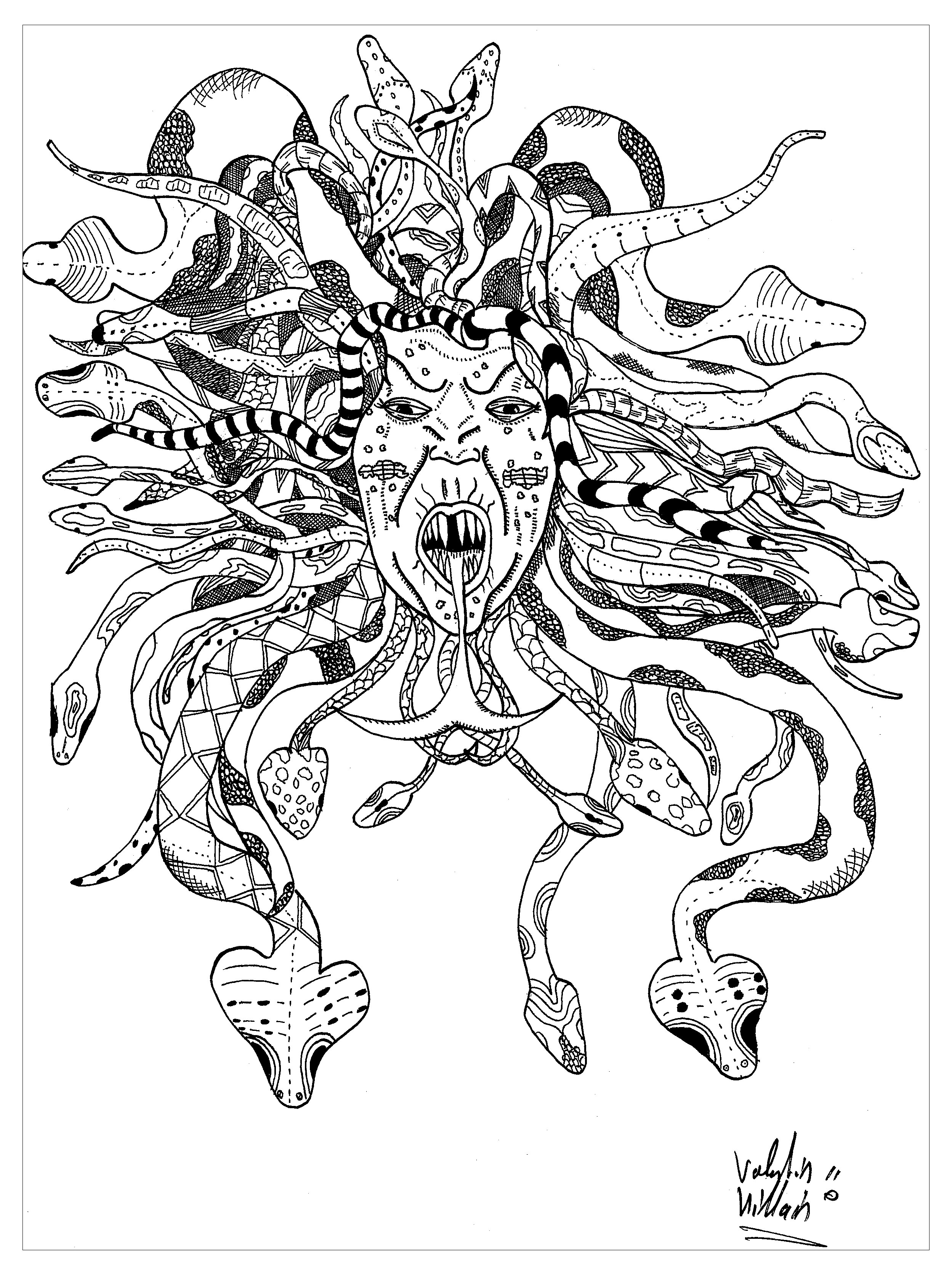 Coloriage représentant Medusa. Voici une magnifique représentation de la mythique Gorgone Medusa. Son visage est entouré d'une crinière qui est entrelacée de serpents, ce qui lui donne une allure terrifiante, Artiste : Valentin