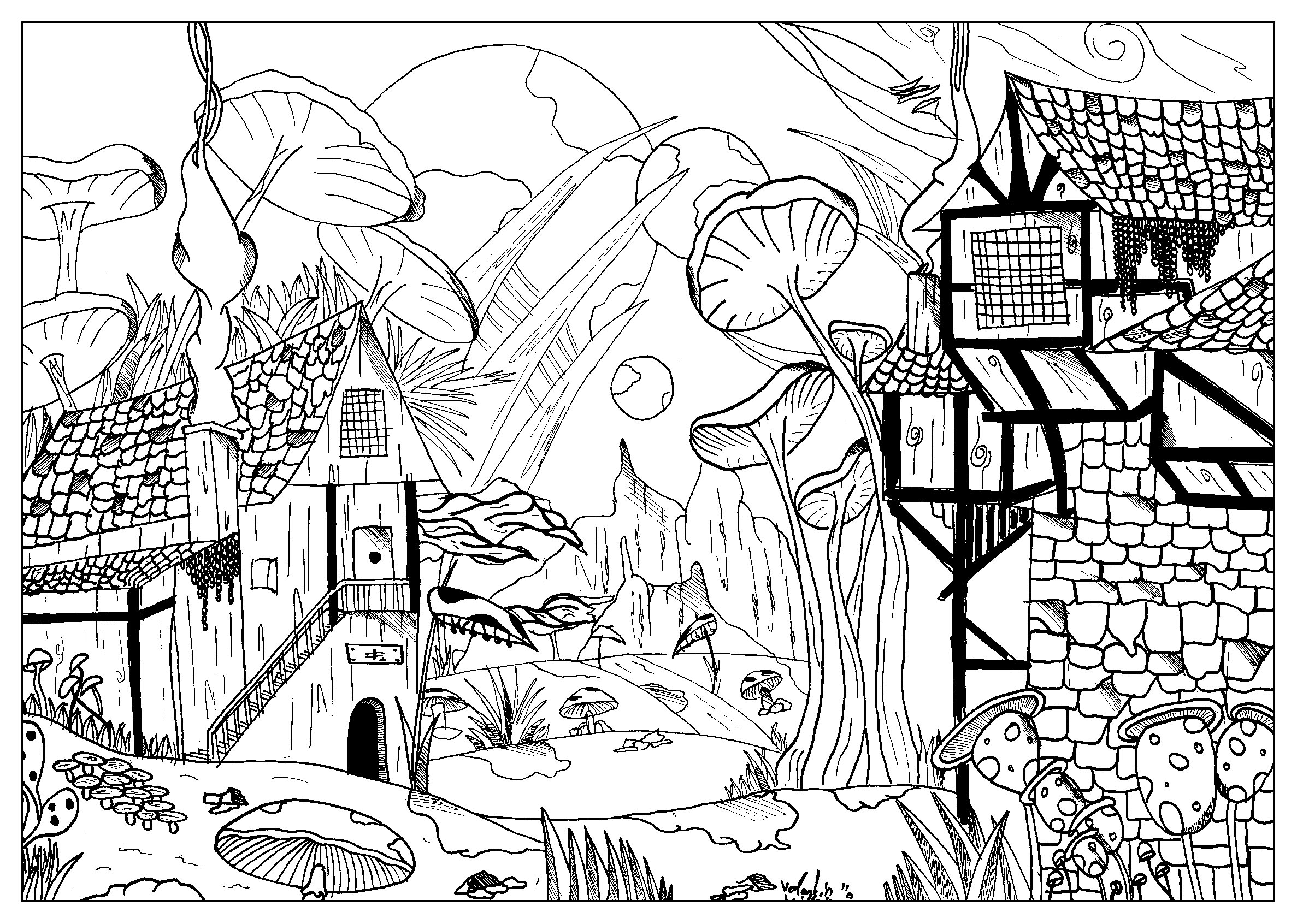 Coloriage d'un petit village enchanté. Voici un paysage rural charmant, avec des maisons entourées d'étranges éléments végétaux et de champignons géants. Laisser votre imagination s'évader .., Artiste : Valentin