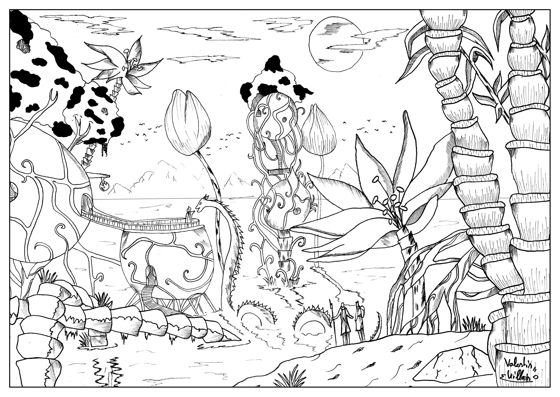 Coloriage d un village aquatique imaginaire