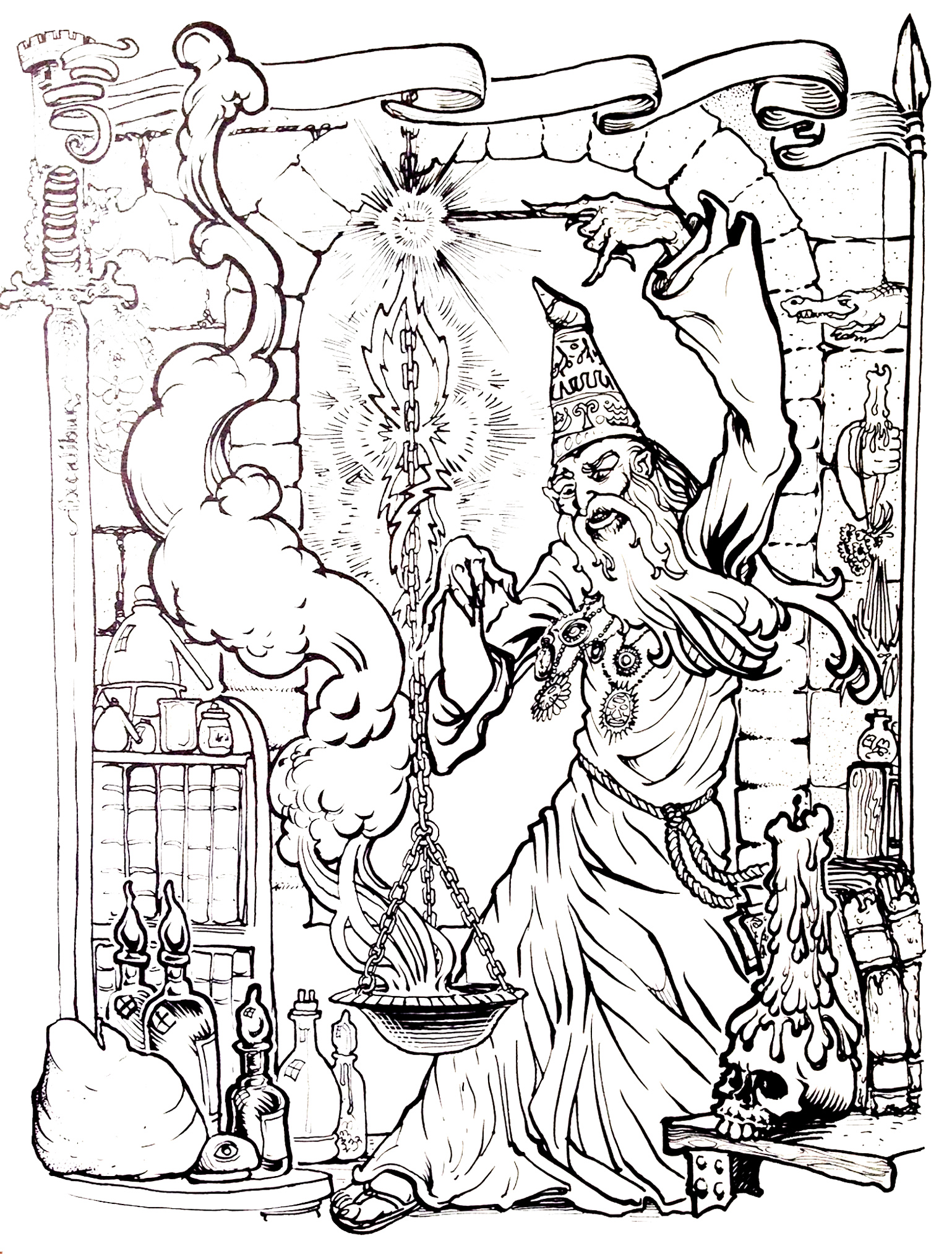 Merlin l'enchanteur dans un coloriage fourmillant de détails