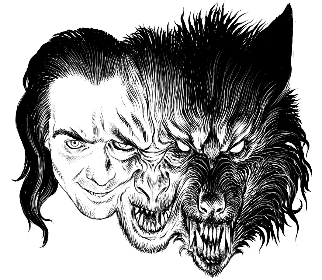 Magnifique illustration de la transformation en 3 étapes d'un Loup Garou