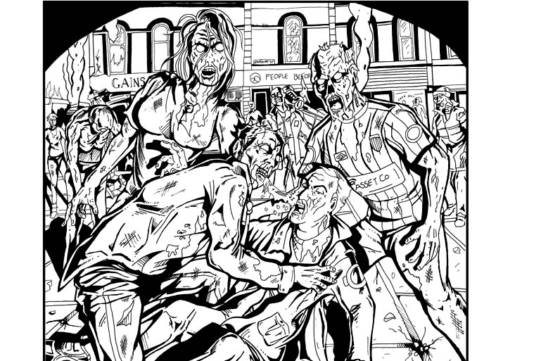 Dessin noir & blanc de zombies en plein festin !