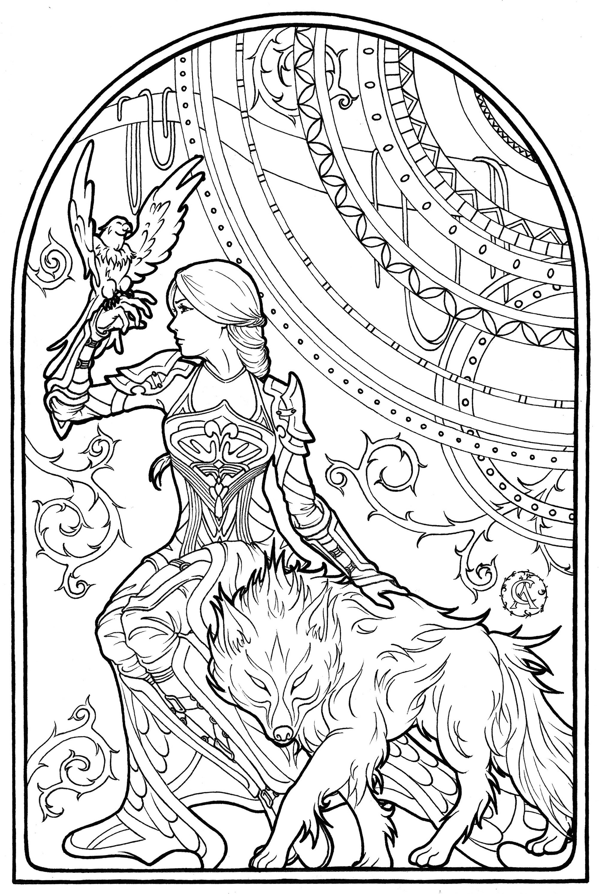 Cette femme intrépide est en compagnie de son faucon et de son loup enchanté. Dessin dans un style Art Nouveau, Artiste : Asantassi