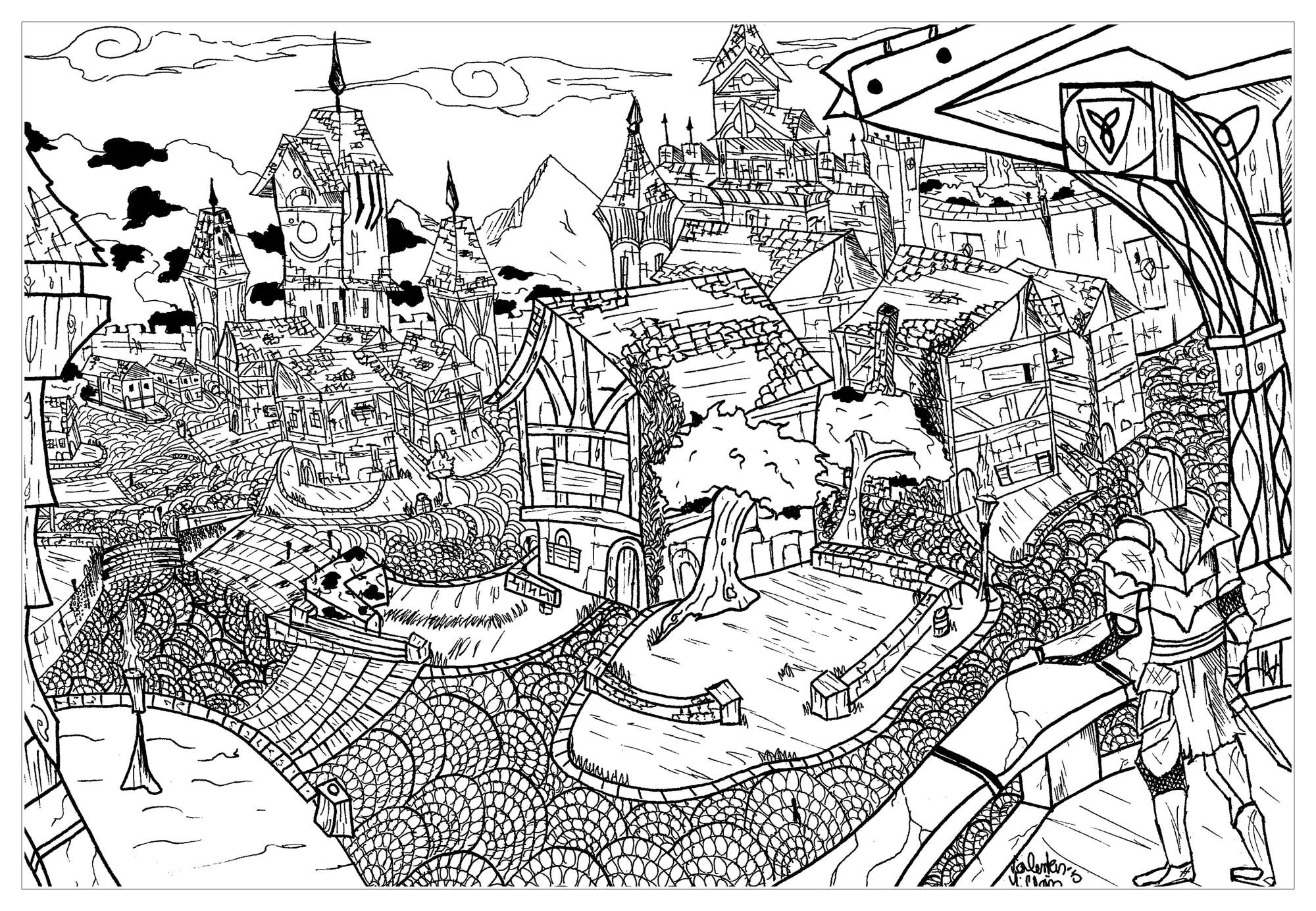 Dessin inspiré d'Elder Scroll (Coloriage de Mythes et légendes à imprimer pour adultes)