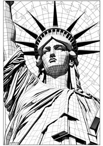 Coloriage de New York à imprimer pour adultes : Statue de la liberté et facettes géométriques