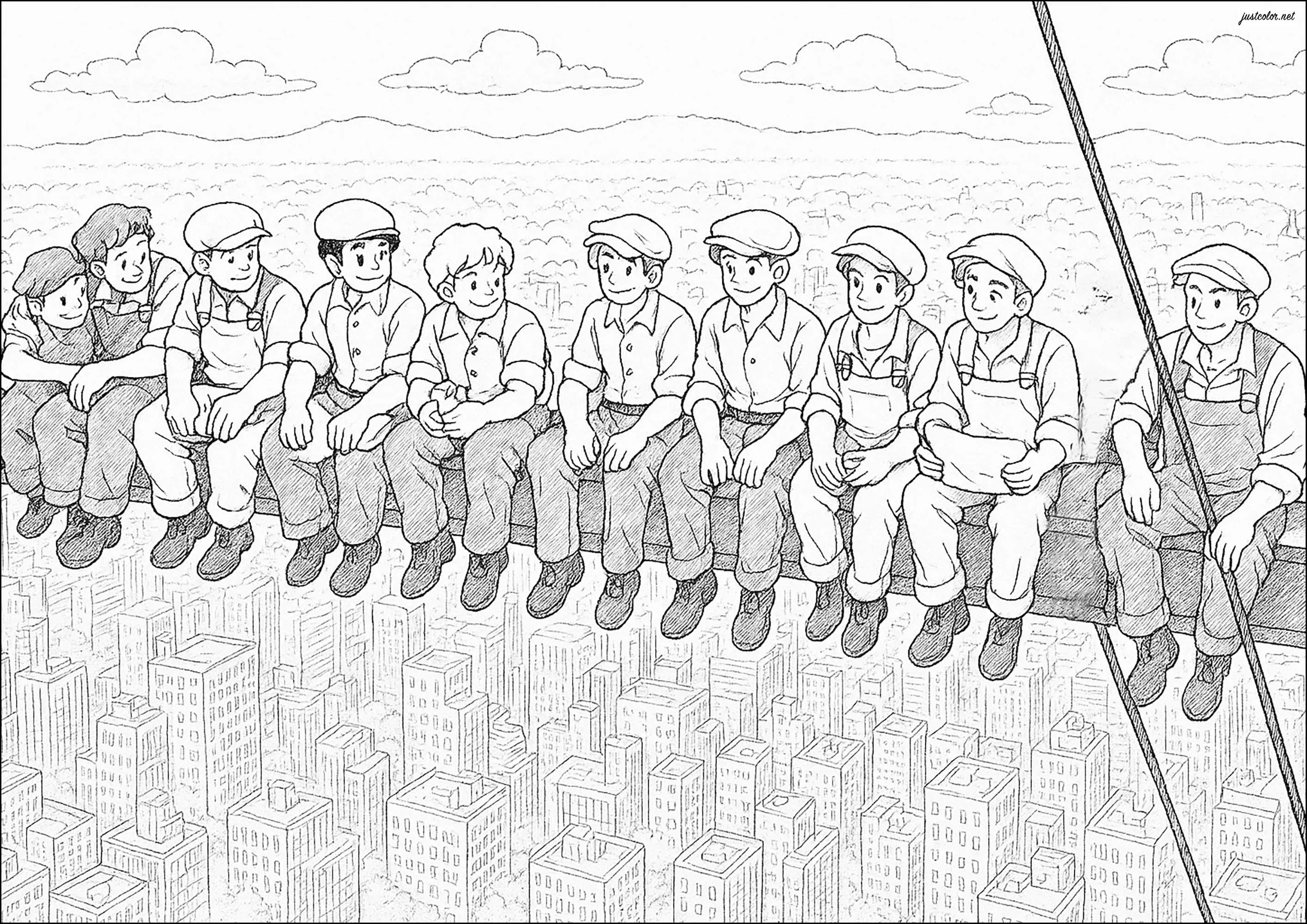 Coloriage créé à partir de la photo mythique des ouvriers assis sur une poutre, en train de batir un gratte-ciel à New York