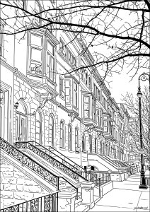 Harlem et une rue composée de "brownstones" (Coloriage de New York)