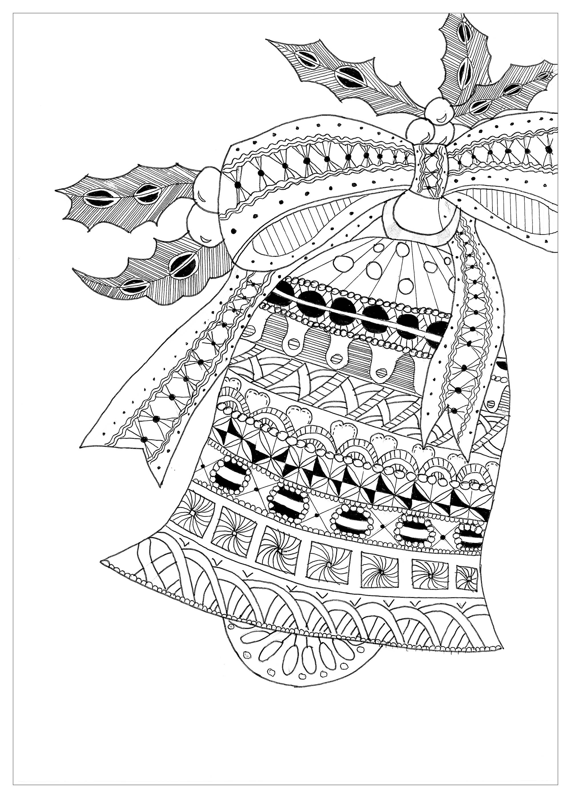 Coloriage d'une cloche de Noël avec des motifs Zentangle, Artiste : Krissy