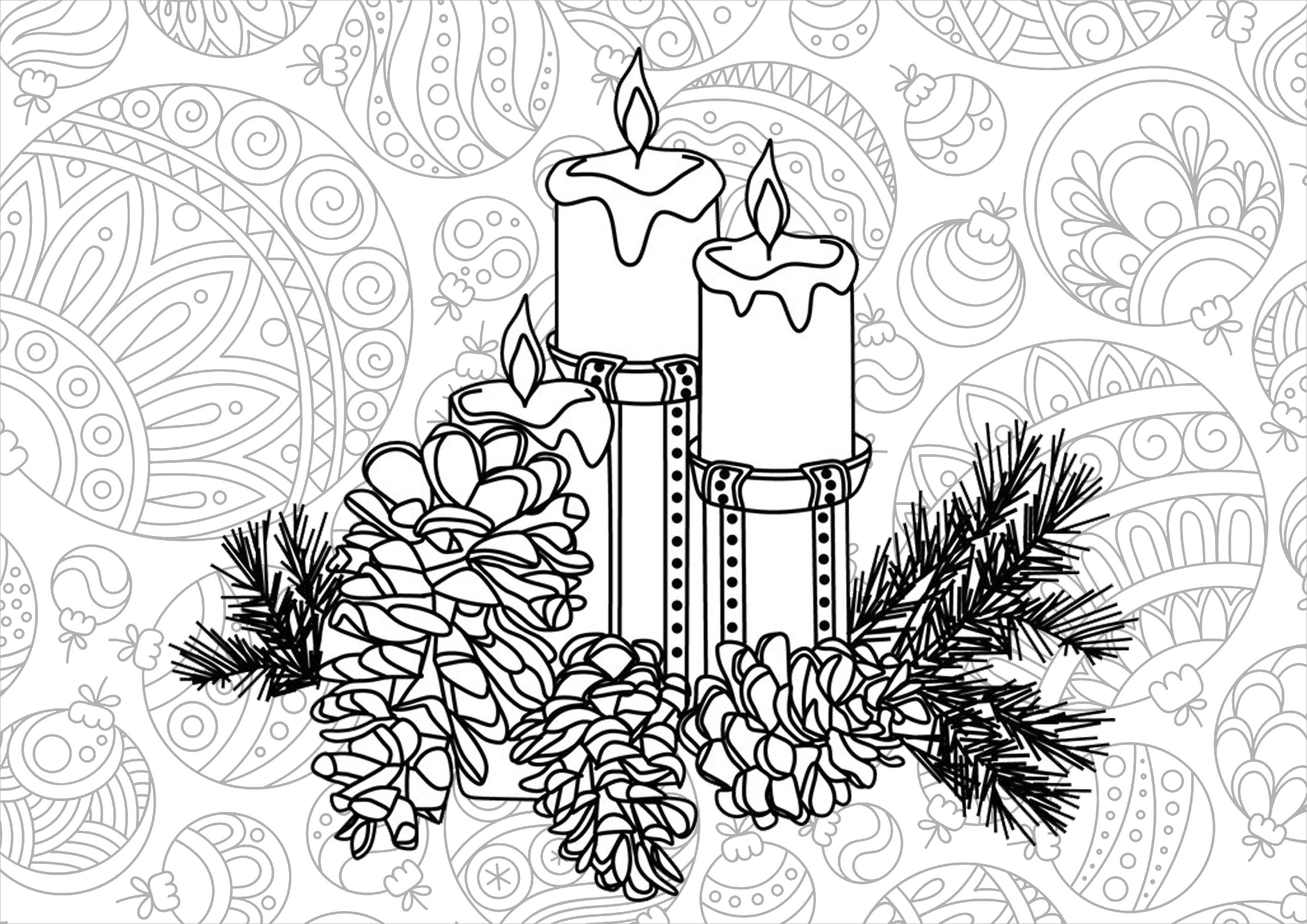 Coloriez ces jolies bougies et décorations de Noël.