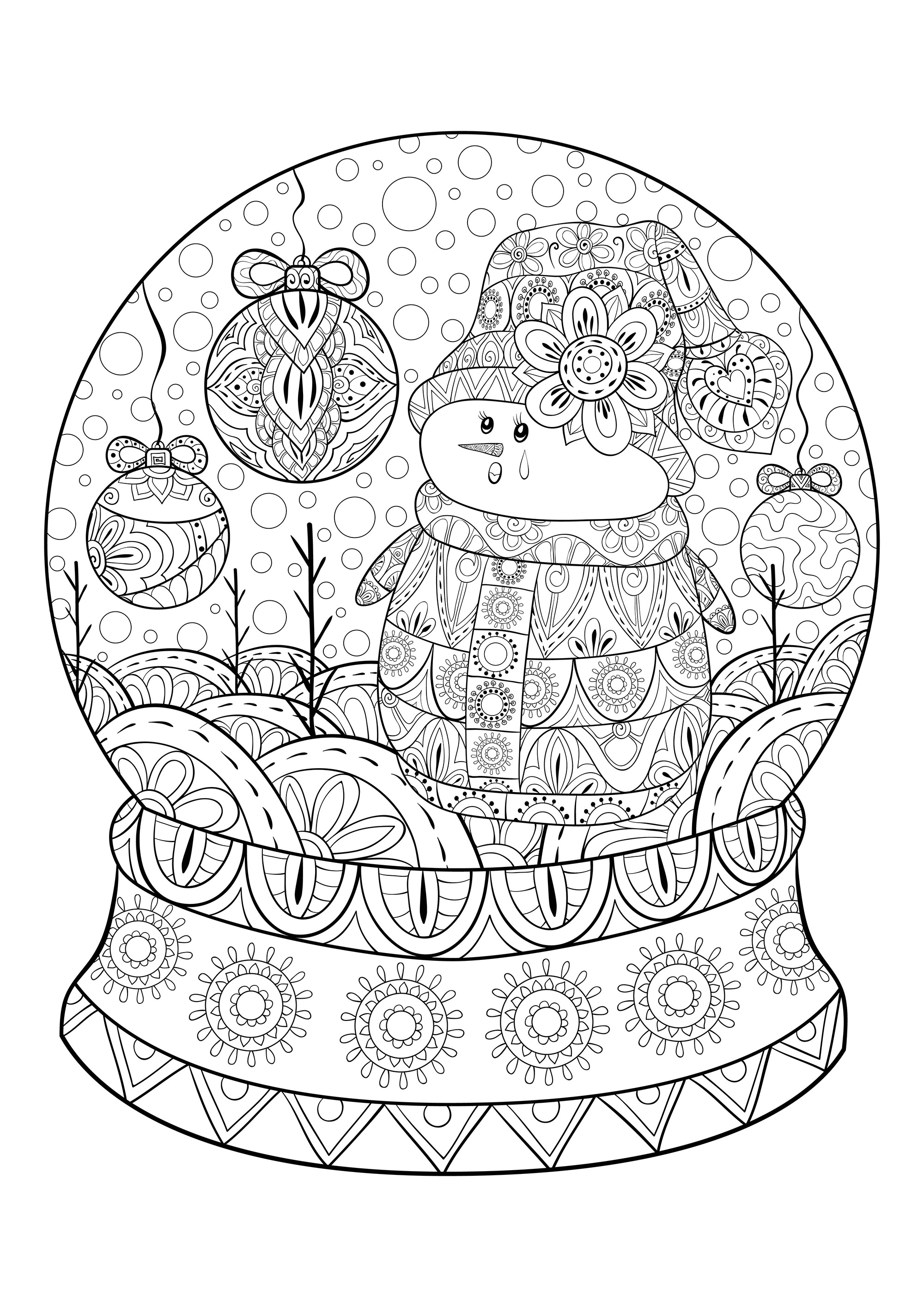 Une boule de neige de Noël comportant un bonhomme de neige et des boules de décoration de Noël, Source : 123rf   Artiste : Nonuzza
