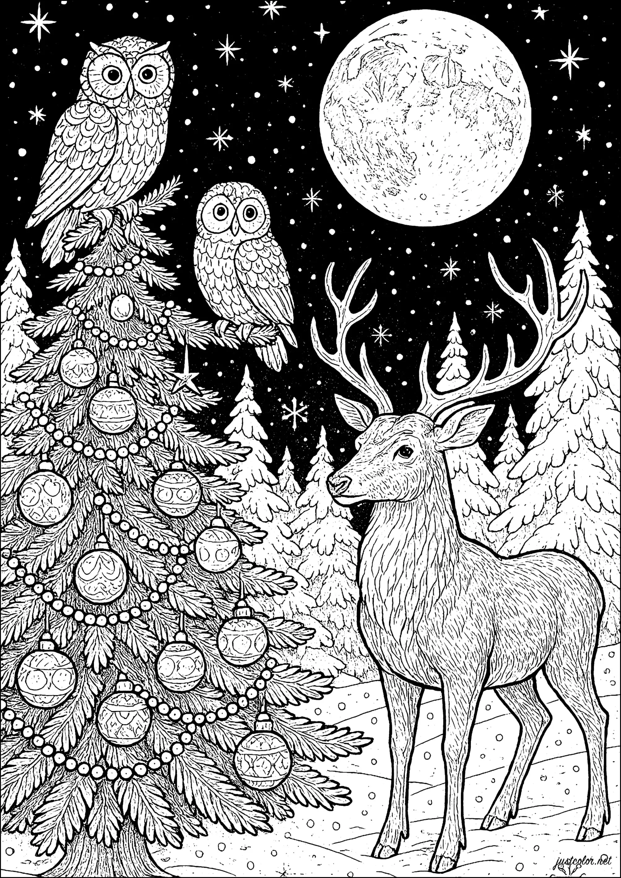 Cerf Majestueux dans une Forêt Enneigée (Coloriage de Noël à imprimer pour adultes)