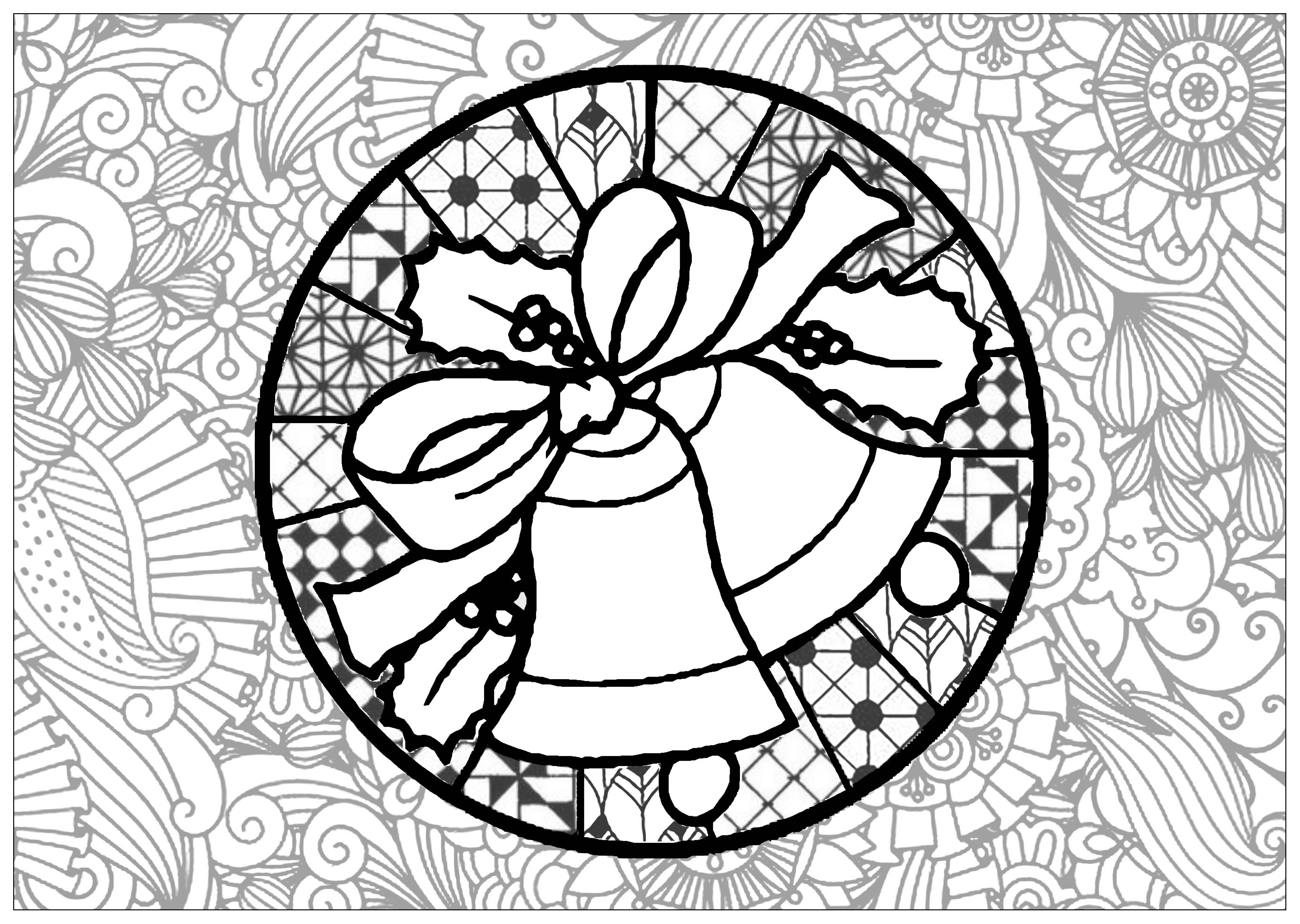 Coloriage complexe : Les cloches de Noël (avec de nombreux motifs variés), Artiste : Olivier